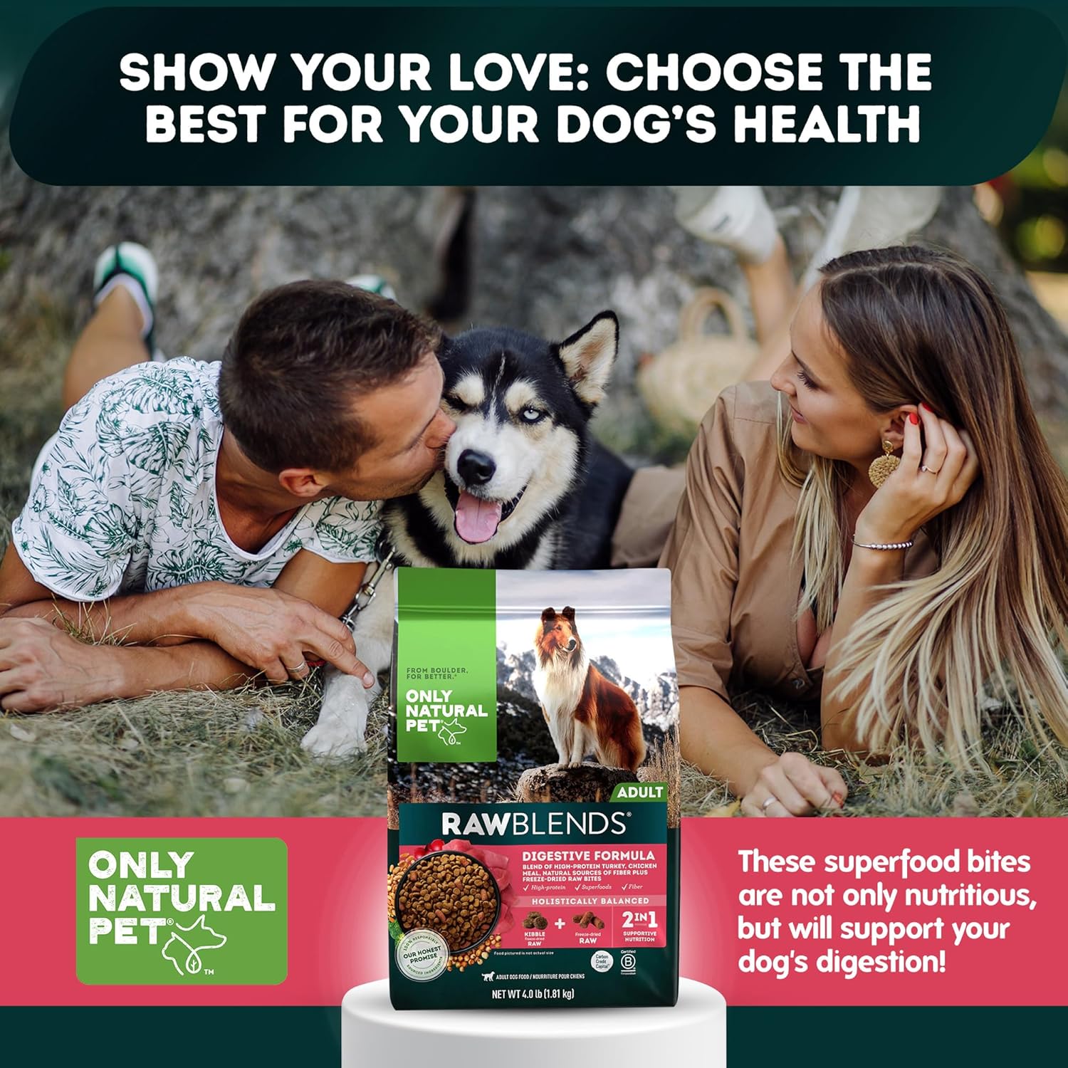Only Natural Pet Raw Blends - Grain-Free Dog Food, High Protein Infused, All-Natural Whole Fresh Ingredients & 100% Raw Meat Bites for Digestion, Ideal for Large Breeds, 4 lb Bag