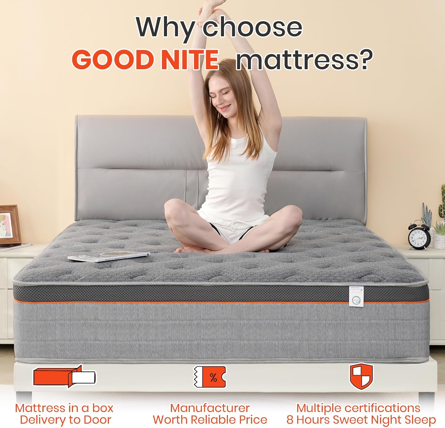 Good Nite King Size Mattress Pocket Springs 5FT 10 Inch Hybrid Medium Firm Bed 150x200x25cm with 9-Zone Support Reinforced Edges Breathable Grey Knit Fabric Mattress in a Box image 3