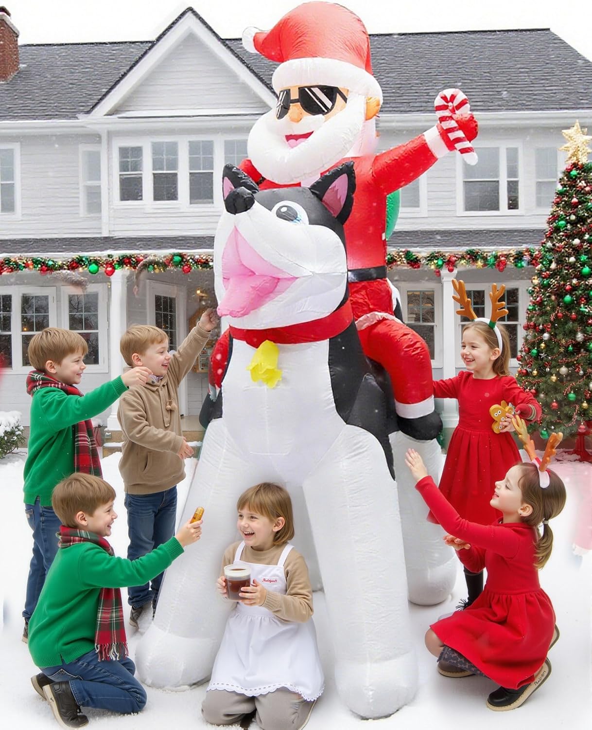 8FT Christmas Inflatable Decoration, Santa Claus Riding a Husky Inflatable Dog with LED Lights, Outdoor Yard Inflatable Decorations, Giant Blow Up Xmas Decoration for Garden Lawn Party