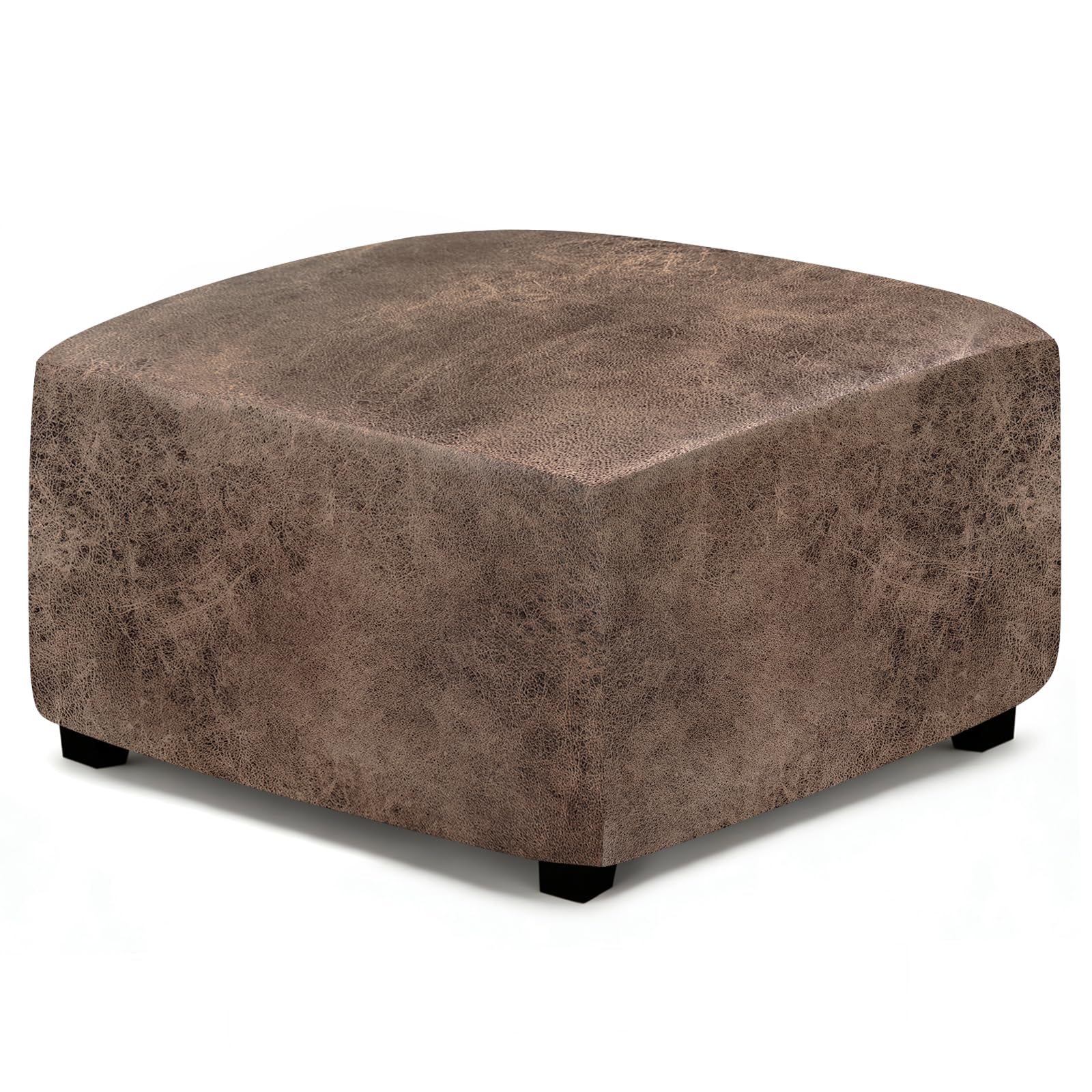ANARACHON Leather Like Ottoman Cover, Stretch Small Square Ottoman Covers, Rectangular Ottoman Slipcovers with Removable Washable Non-Slip Elastic Bottom for Footstools (02 Light Brown, Medium)