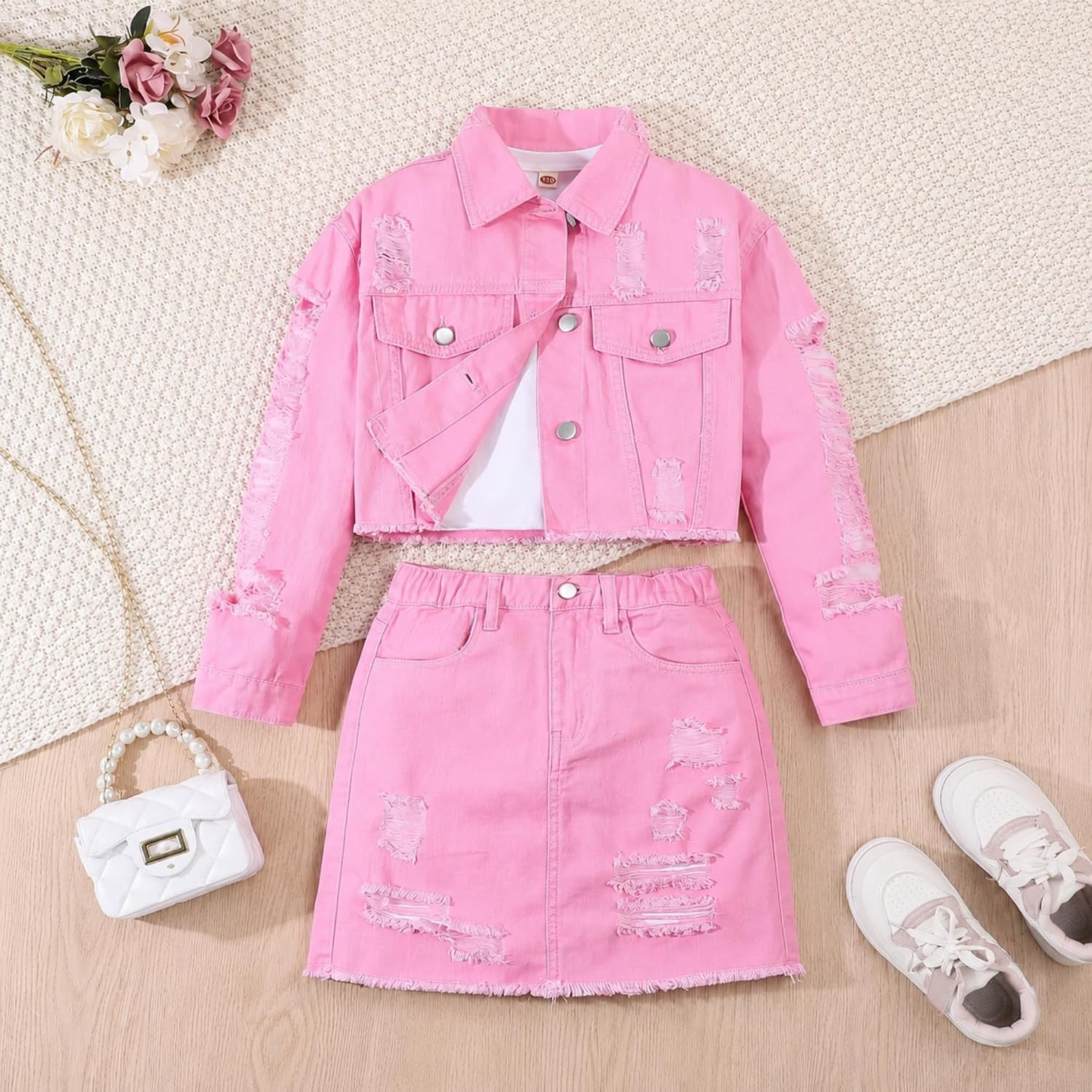 Girls’ Vintage Denim Jacket and Skirt Set —Trendy Retro 2-Piece Outfit for Girls 7-14 Years