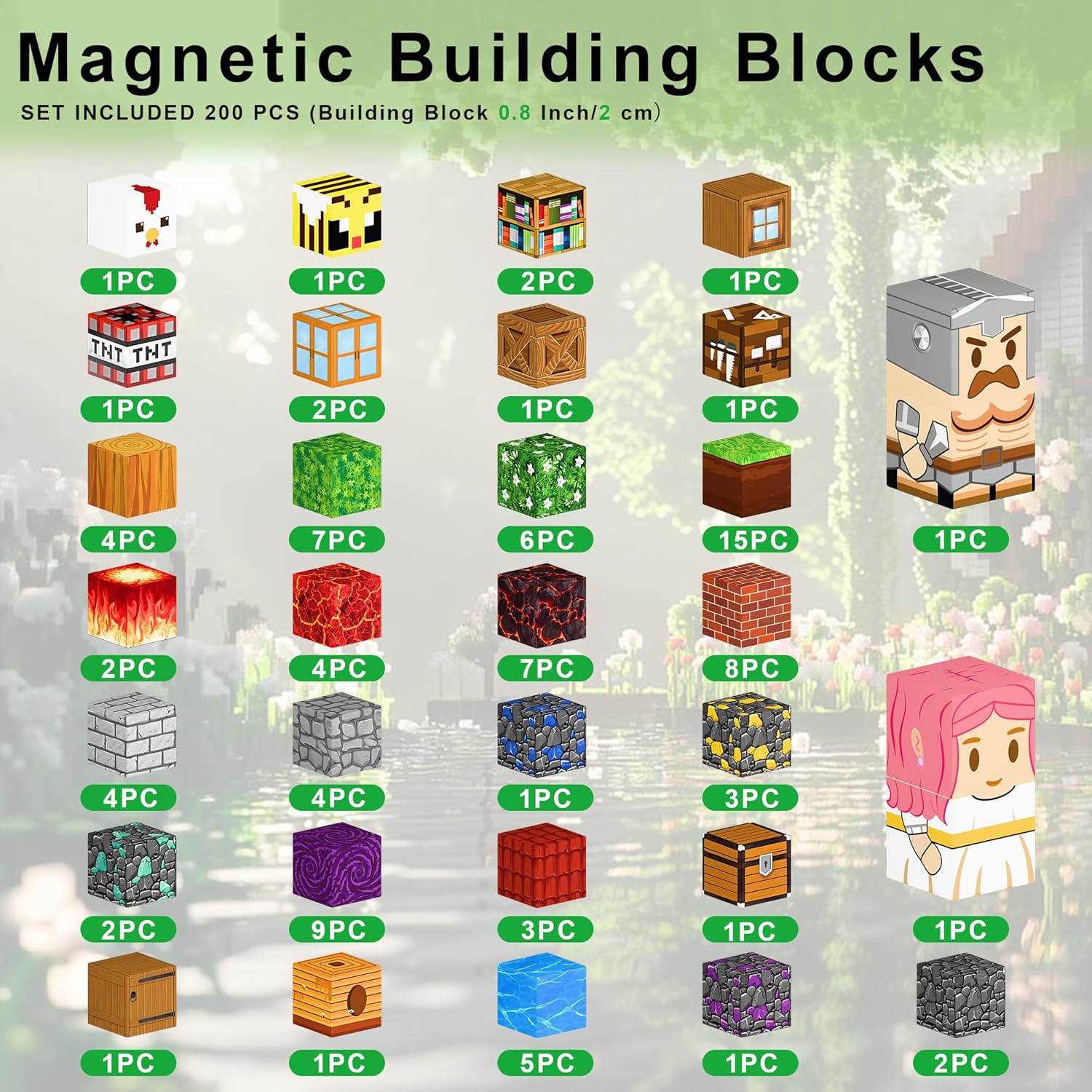 200PCS Magnetic Building Blocks Set – 0.8in Pixel World Construction Toys, Strong Magnets, STEM Creative Play Set for Kids Ages 3+, Village, Lava & Portal Scenes
