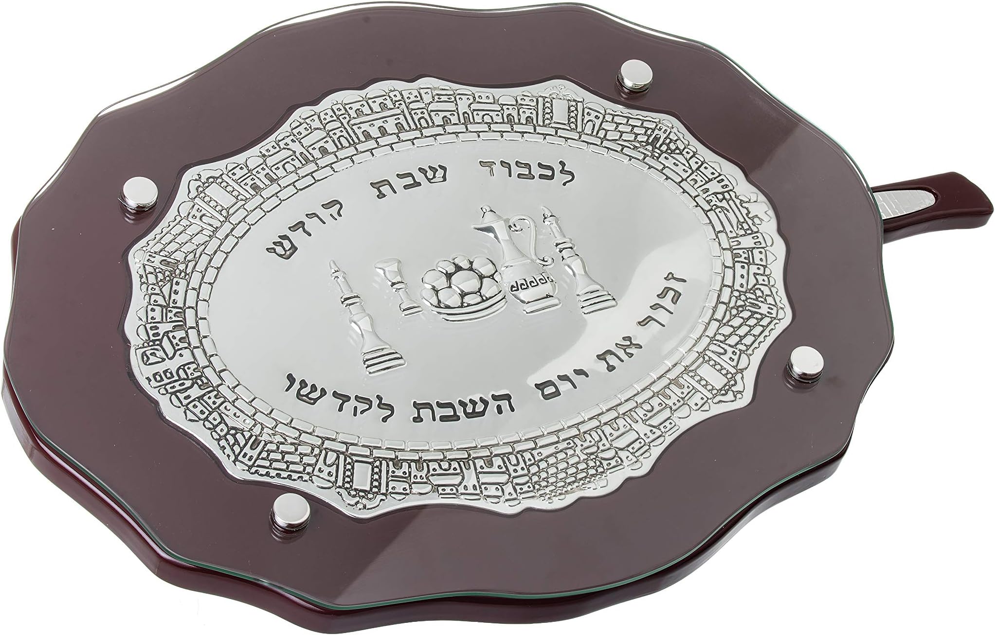 Wood and Silver Plated Oval Challah Board with Glass Protector and Knife