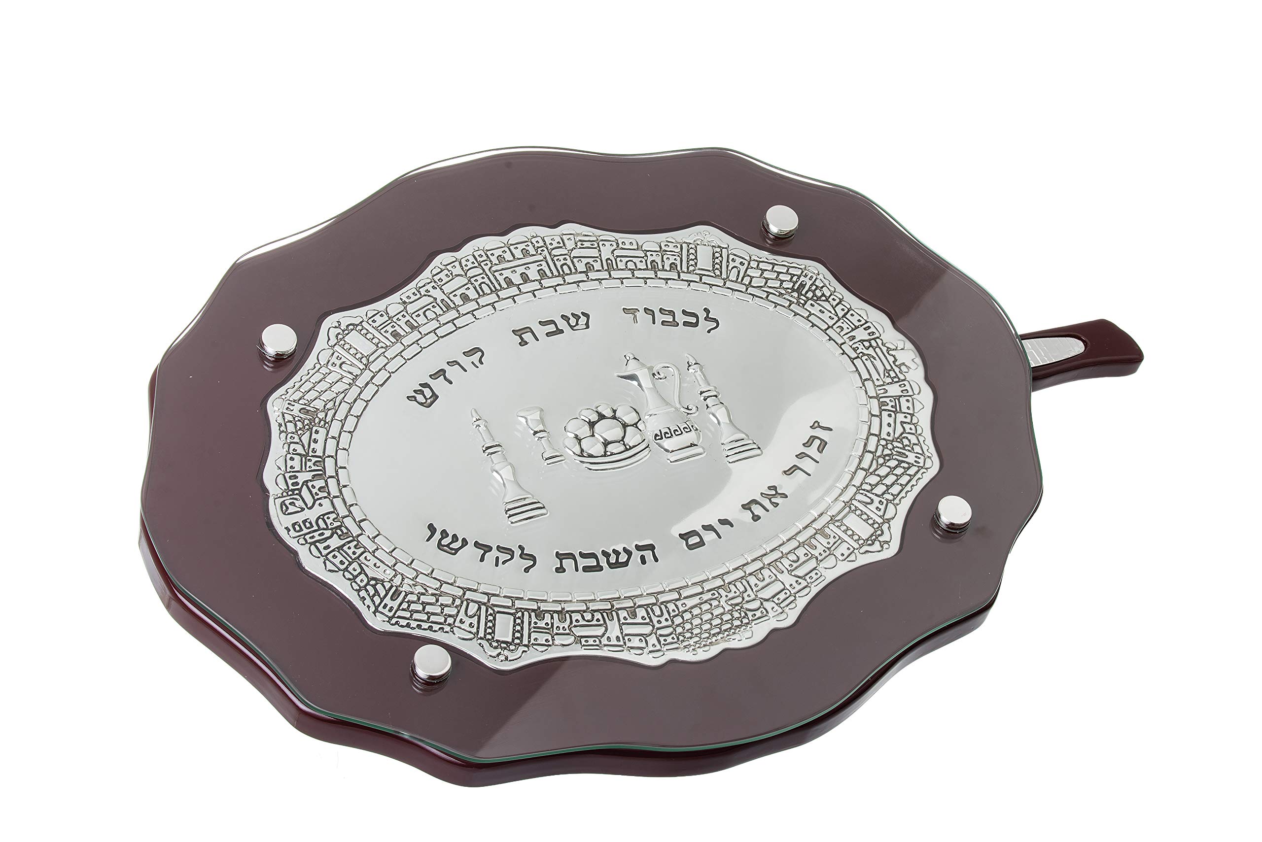 Wood and Silver Plated Oval Challah Board with Glass Protector and Knife