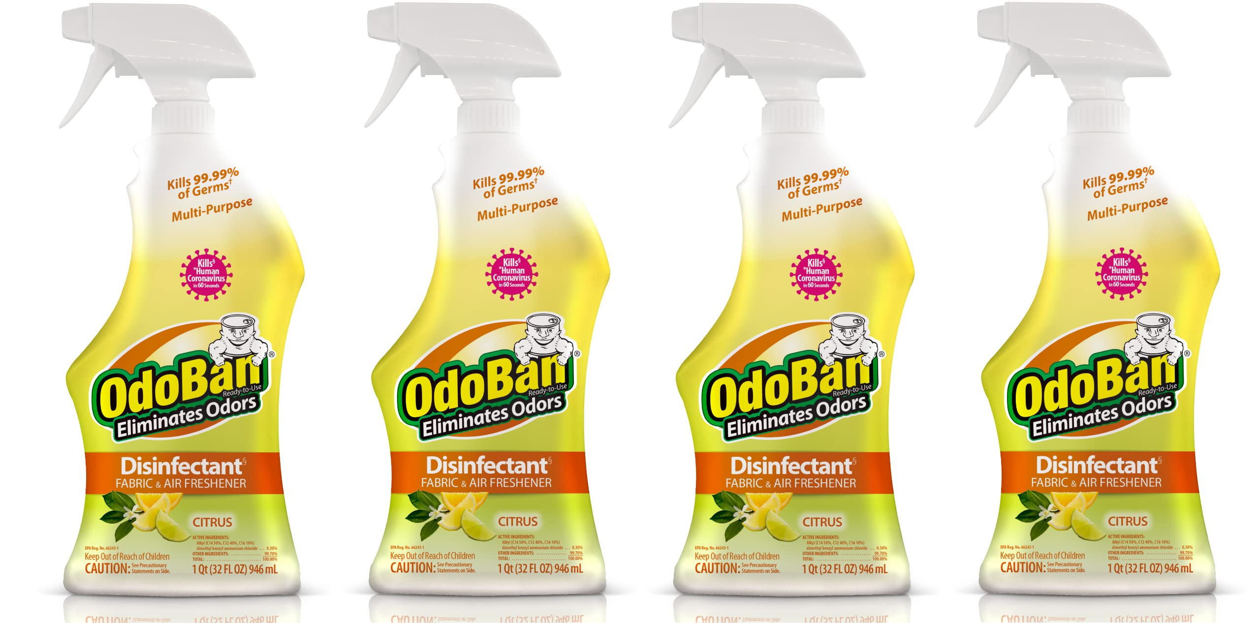 OdoBan Ready-to-Use Disinfectant and Odor Eliminator, Set of 4 Spray Bottles, 32 Ounces Each, Citrus Scent