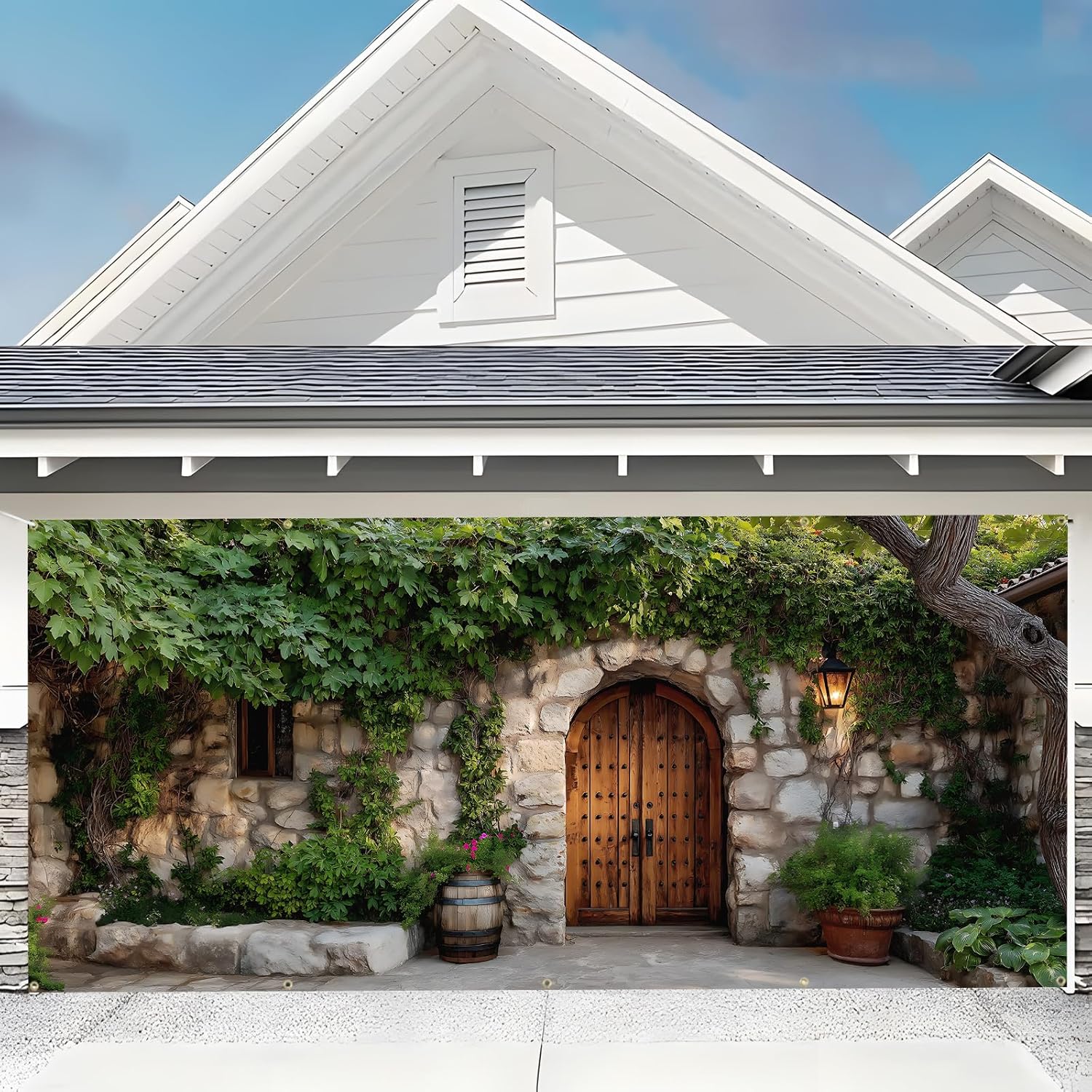 Garage door banner cover, 6x13 ft old stone house features ivy background, Large Outdoor Backyard Landscape Decoration (Stone House)