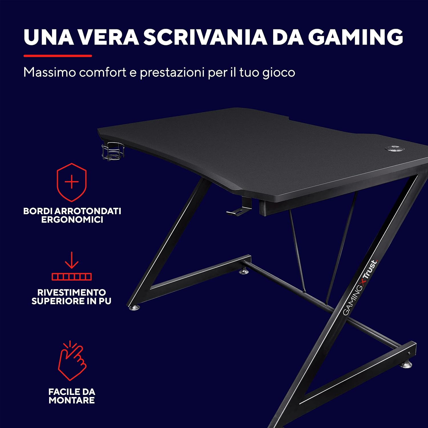 Trust Gaming GXT 711X Dominus, Scrivania PC Ergonomica con Supporto per Cuffia e Portabicchiere, Telaio in Acciaio, Sistema di Estione dei Cavi, Scrivania Ufficio - 112 x 72 cm – Nero Dominus X 112 x 72 cm - Immagine 3