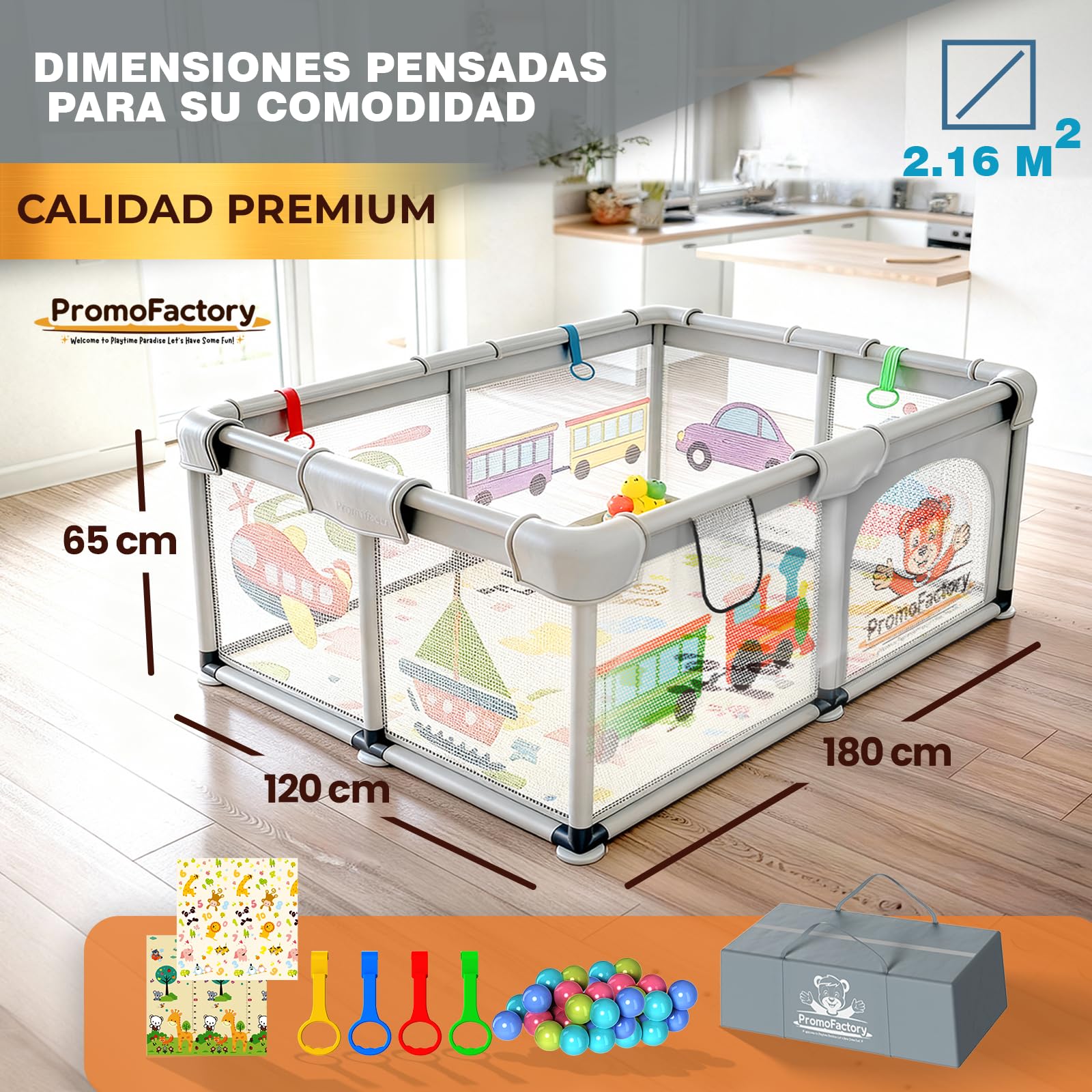 Parque Infantil Bebe 120x180cm con Alfombra acolchada, 50 Bolas, Agarraderas y Bolsas de Transporte - Corralito con Malla Transpirable para Bebés (Gris) XXL