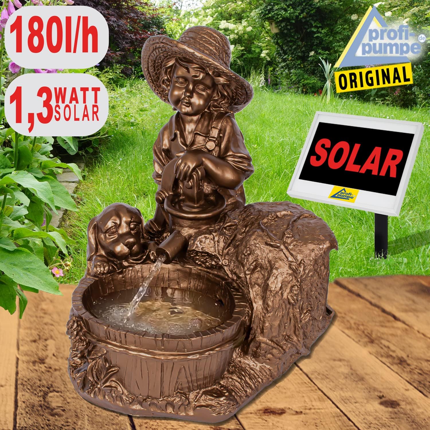 AMUR Solarna pompa do stawu ogrodowego, fontanna solarna, piasta z psem na fontannie solarna, pompa do stawu, staw, oczka ogrodowego, dekoracja solarna
