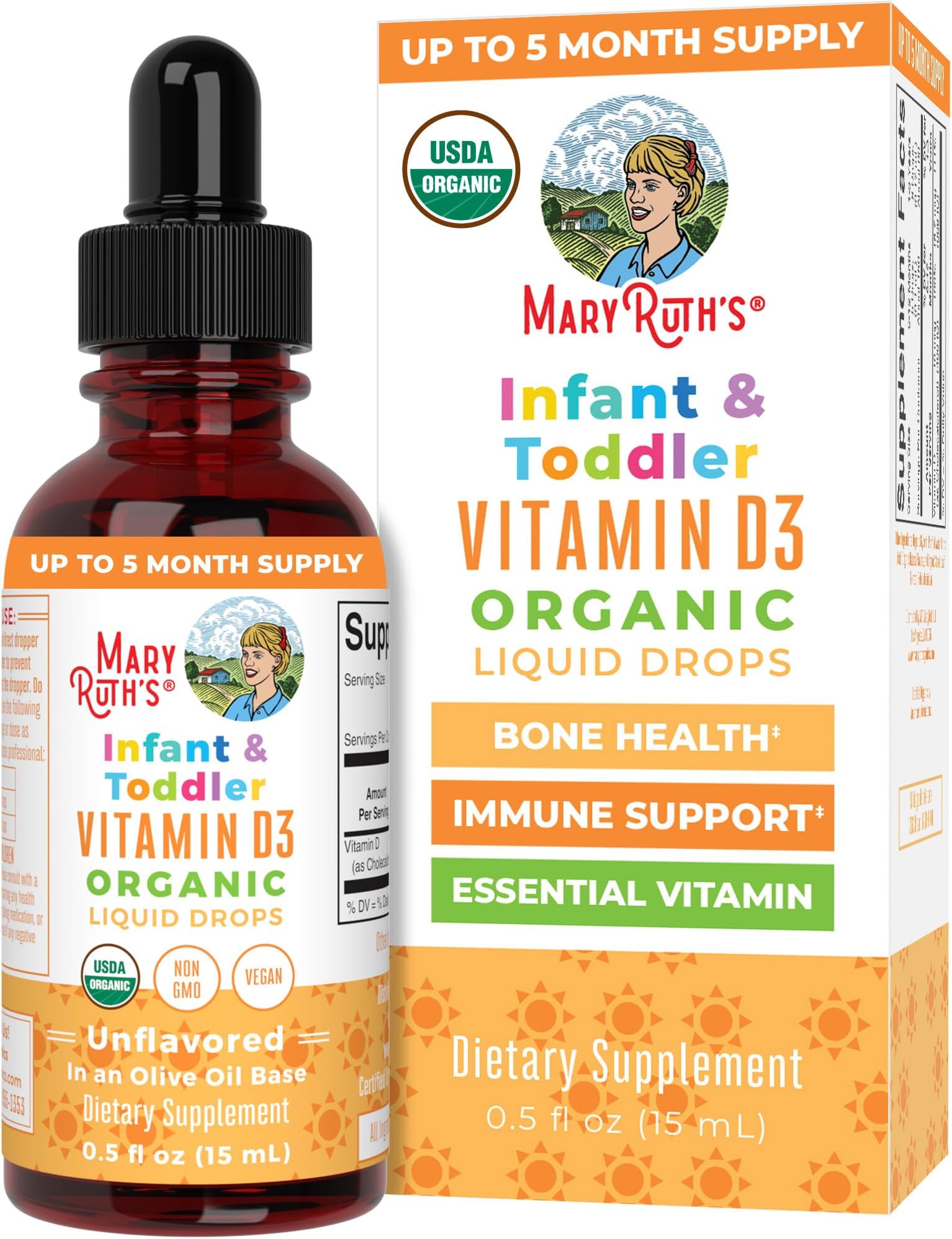 Vitamin D USDA Organic | Up to 4 Month Supply | Vitamin D3 Liquid | Sugar Free | Liquid Vitamin D Drops Immune Support for Infants & Toddlers | VIT D3 | Vegan | Gluten Free | Non-GMO | 90-150 Servings