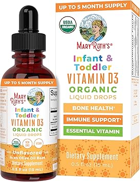 MARYRUTHS USDA Organic Vitamin D Drops | Vitamin D3 Liquid | Sugar Free | Liquid Vitamin D Drops Immune Support for Infants & Toddlers | VIT D3 | Gluten Free | Non-GMO | 90-150 Servings