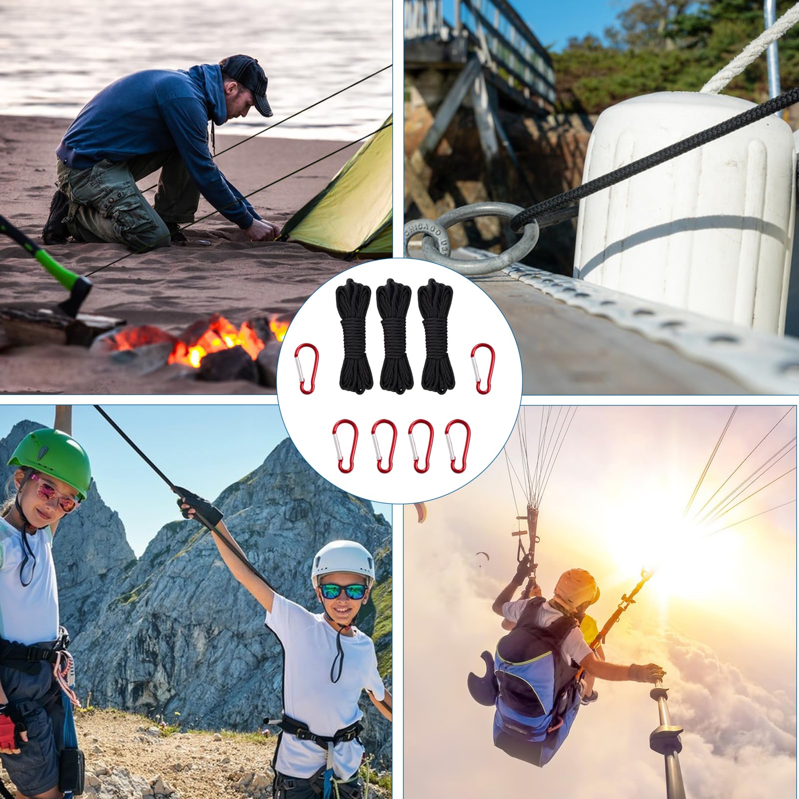 3 Corde en Nylon, 10M Corde de Rappel, Noir Polypropylène Corde, Corde de Flottaison, Corde d'ancrage avec 6 Boucles d'alpinisme, Brins en Nylon Corde Multifonction pour Camping Extérieur DIY