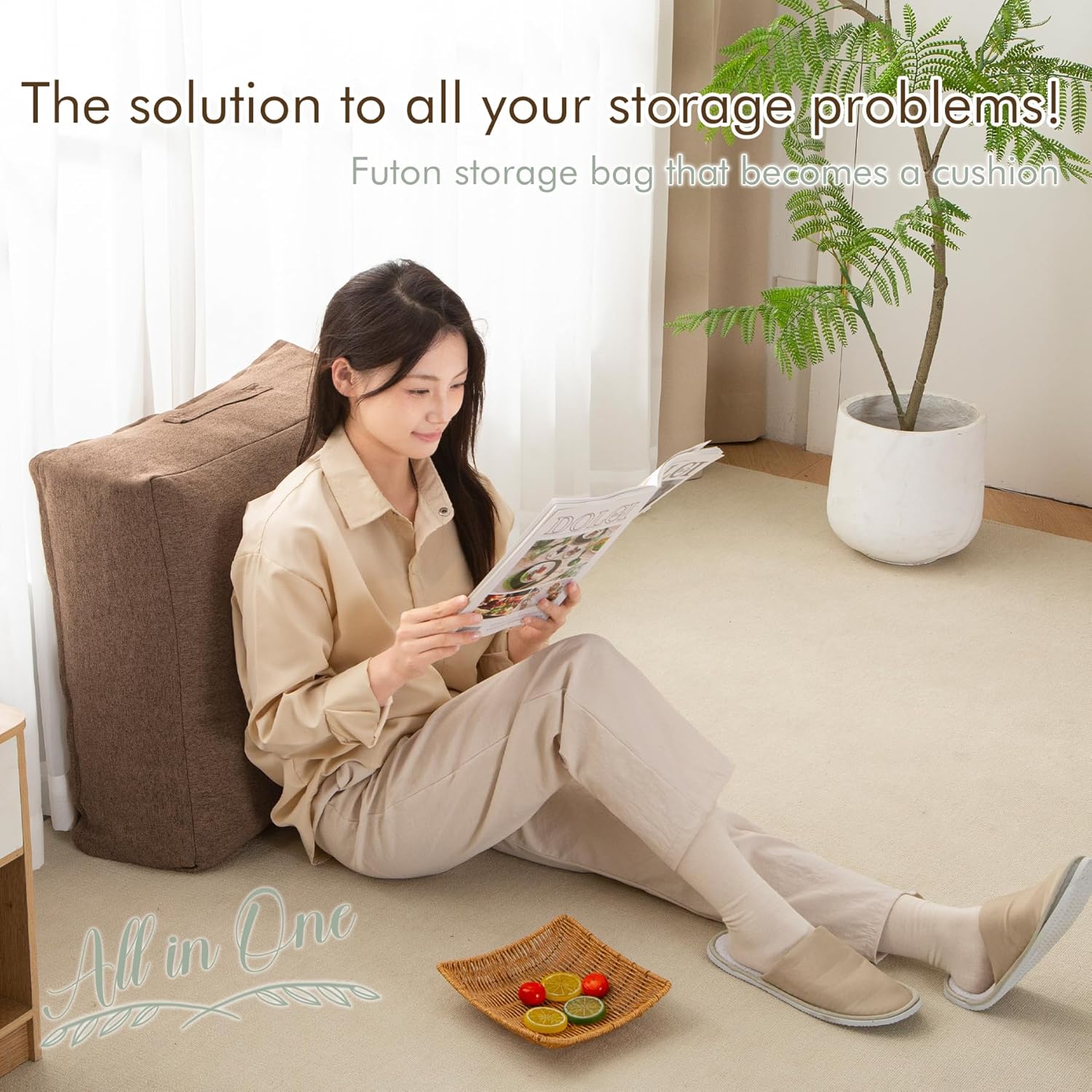 Square Comforter Storage Bag/Wedge Pillow Cover Linen Like - Multi-Use Pillow, Cushion & Bedding Insert Cover - Stuff with Clothes, Blankets for Extra Storage (22.8x22.8x7.8 In, Brown)