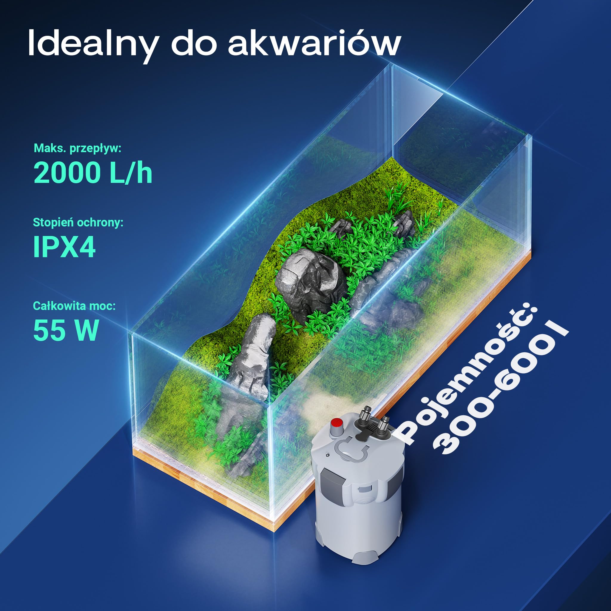 SunSun HW-404B Filtr zewnętrzny do akwarium 9W 2000l/h z 4-stopniową filtracją komorową i filtrem UVC