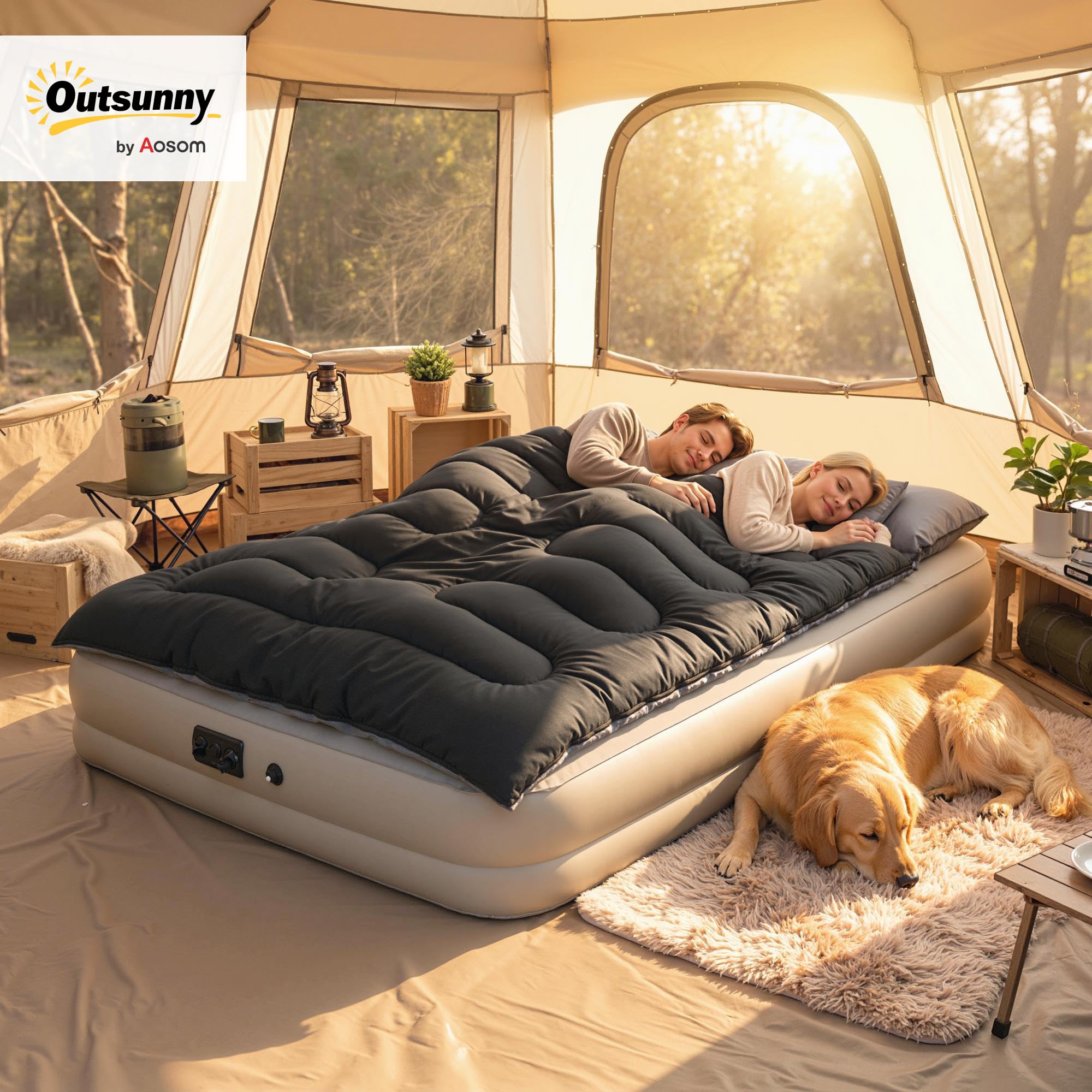 Outsunny Sacco a Pelo Doppio per Adulti, Sacco a Pelo Matrimoniale per 2 Persone, Leggero con 2 Cuscini e Borsa di Stoccaggio, per Climi Freddi e Caldi, Camping, Escursionismo, Zaino, Nero