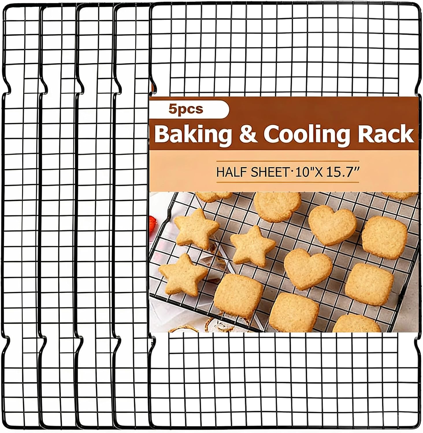 5-piece stainless steel cooling rack -10" x 16" metal wire cooling rack, suitable for baking, grilling, baking and drying - oven safety and dishwasher safety metal mesh baking rack