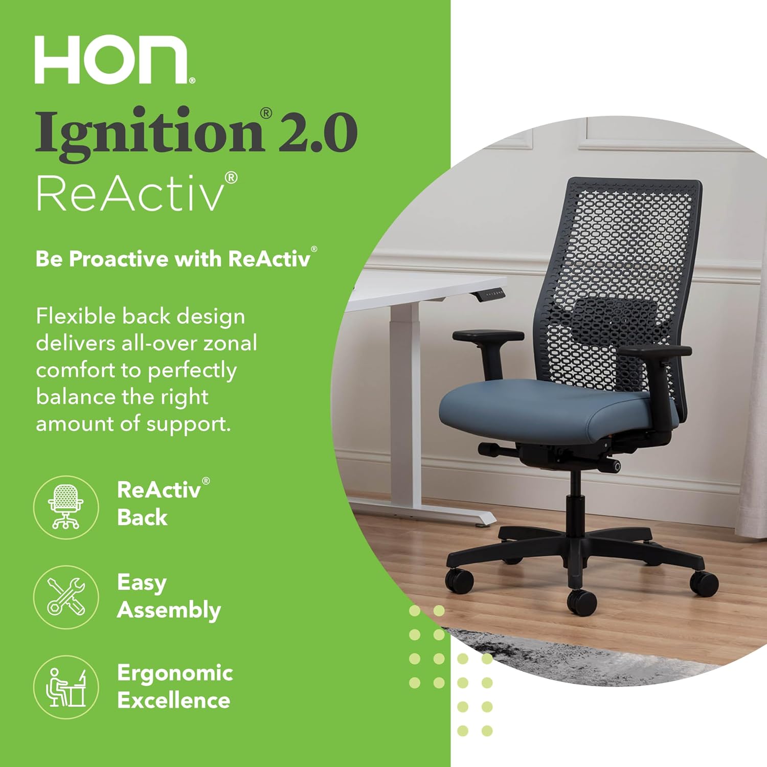 HON Ignition 2.0 ReActiv Ergonomic Office Chair, Mesh Desk Chair with Lumbar Support, Advanced Synchro‑Tilt, Height and Width Adjustable Arms, Swivel Wheels, Black Frame, Nimbus