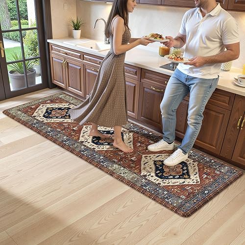 Vista 281 de KIMODE - Juego de 2 tapetes de cocina bohemios, antifatiga, antideslizantes, impermeables, ergonómicos, acolchados, cómodos, para lavandería, Caqui
