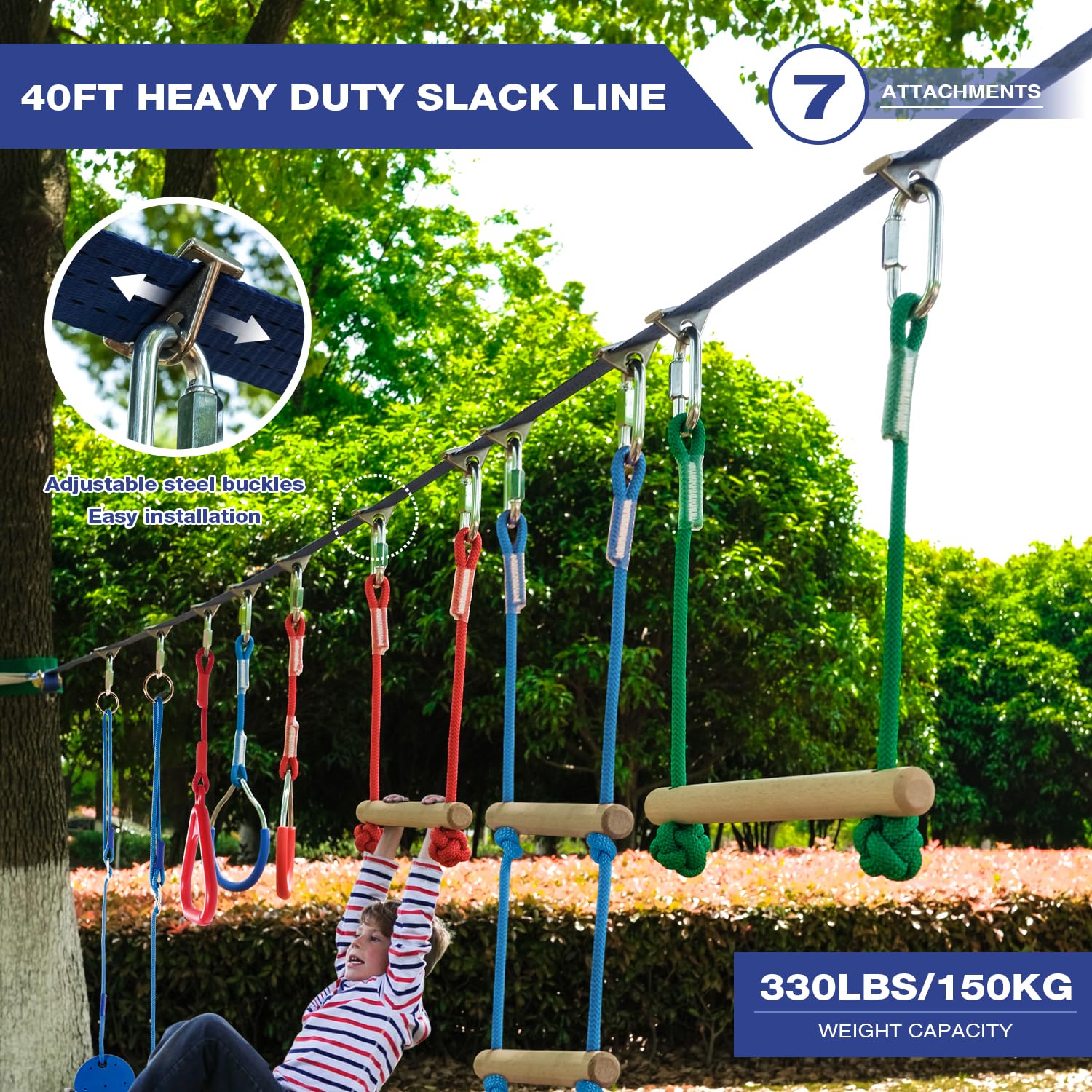 Set Ninja Warrior Per Bambini - 14 Ostacoli Con Slackline, Monkey Bars E Altalene - Foto 11