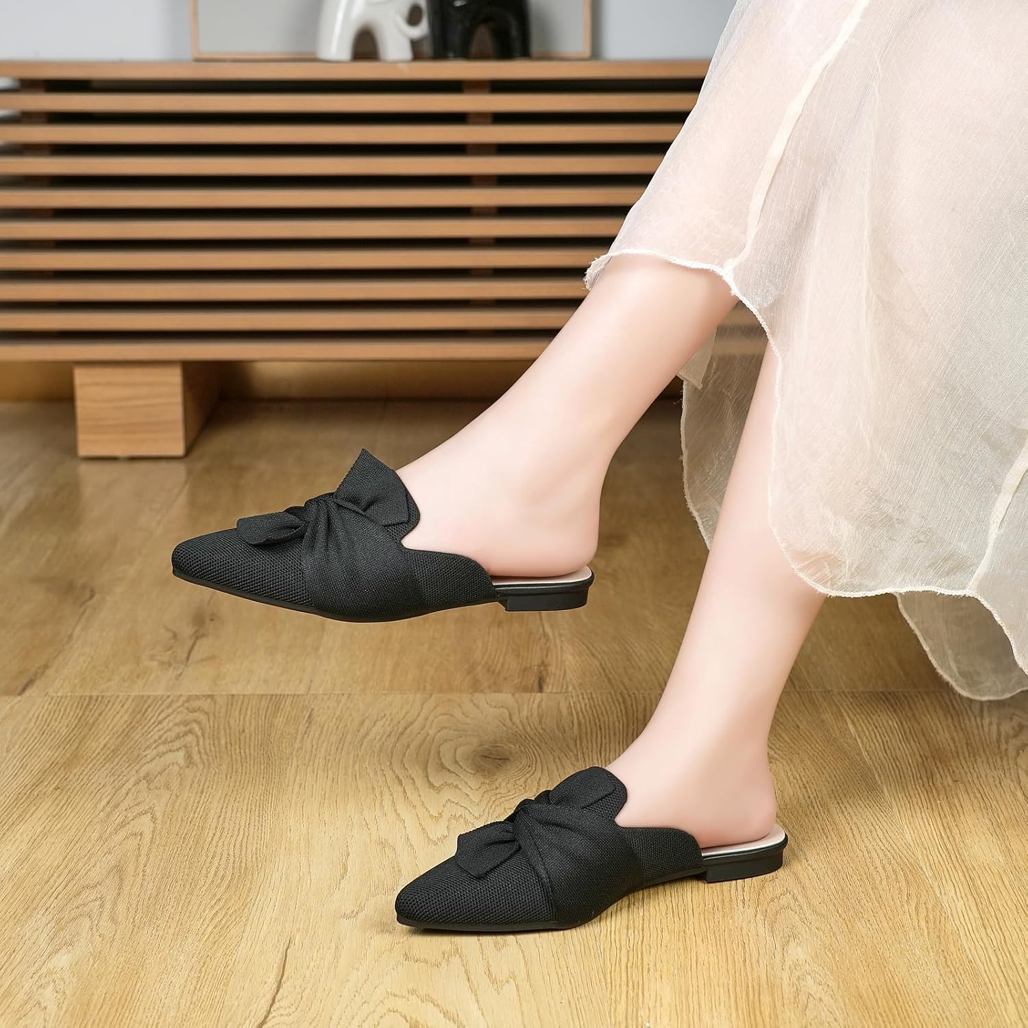 HIULYCENCE Mules for Women Pointed Toe Flats | Comfortable Knit Breathable Backless Slip on Mules flats for Business Work Office