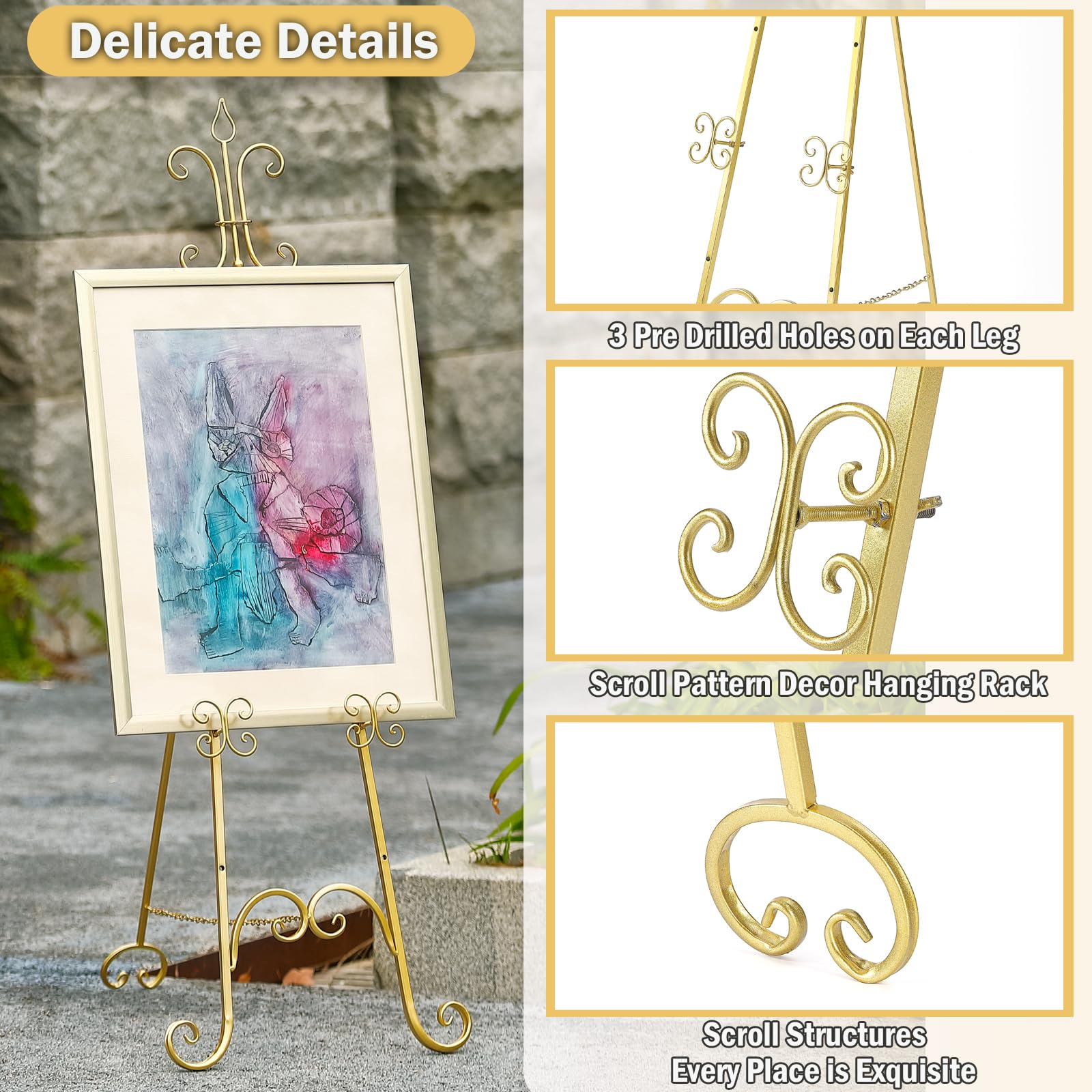Cavalletto grande per esposizione, altezza regolabile, in metallo dorato, con supporto a catena, cavalletto resistente per specchio, cartelli, matrimoni, cornici (non richiede installazione)