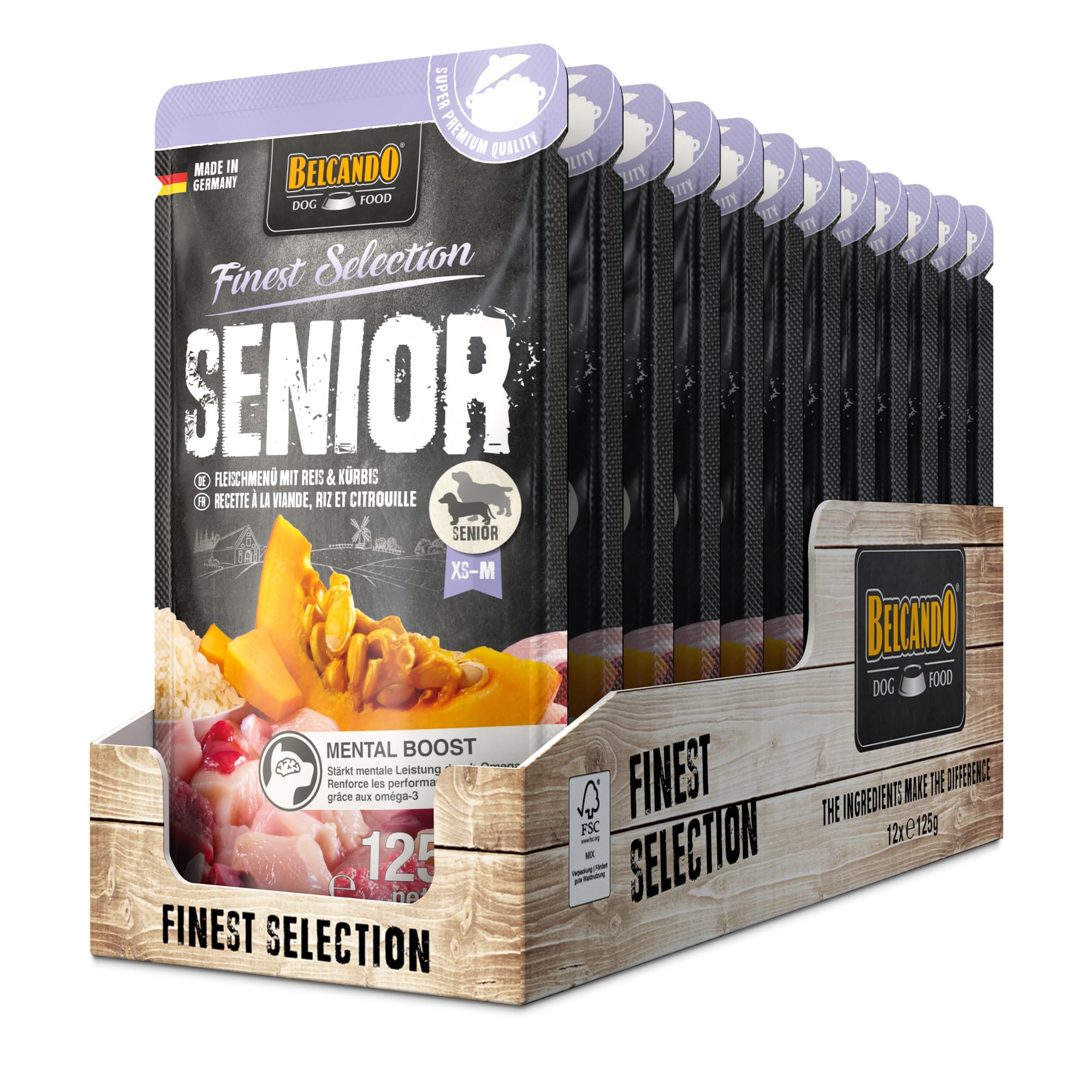 Belcando Finest Selection Senior Menú de Carne con Arroz y Calabaza | Paquete Doble | 2 x 12 x 125 g | Comida húmeda para Perros Mayores | con Importantes ácidos grasos Omega-3 | Cocido Suavemente