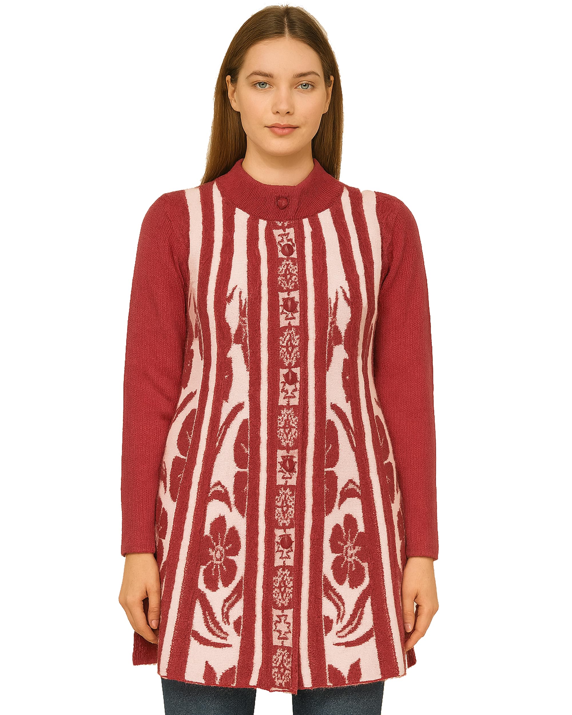 Women's Long Knit Cardigan Sweater, Floral Pattern, Button-Down Tunic with Side Pockets, Winter Casual-picture-31