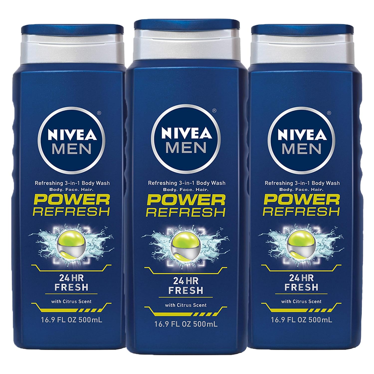 NIVEA Men Power Refresh Body 3-in-1 Wash - Face, Body, Hair with Citrus Scent - 16.9 fl. oz. Bottle (Pack of 3)