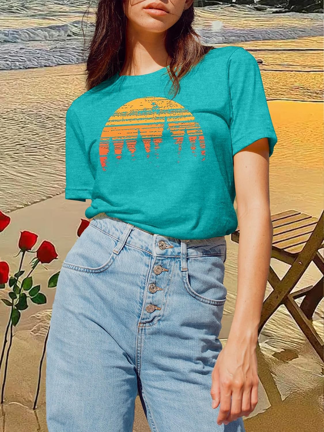 GEMLON Womens Graphic Tees Hiking Camping Shirts Vintage Sunset Graphic T Shirts Summer Casual Short Sleeve Shirt