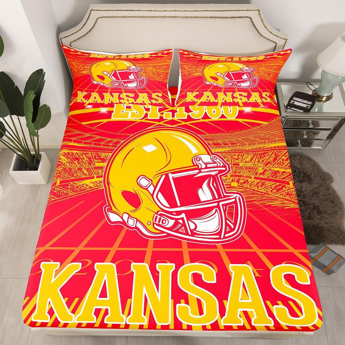 Erosebridal Football City Color Sheets Rugby Football Team Bedding Set, 3D Sports Fan Gifts Fitted Sheet Green and Yellow Rugby Helmet Bed Sheets Full Size with 2 Pillowcases (Green Bay)