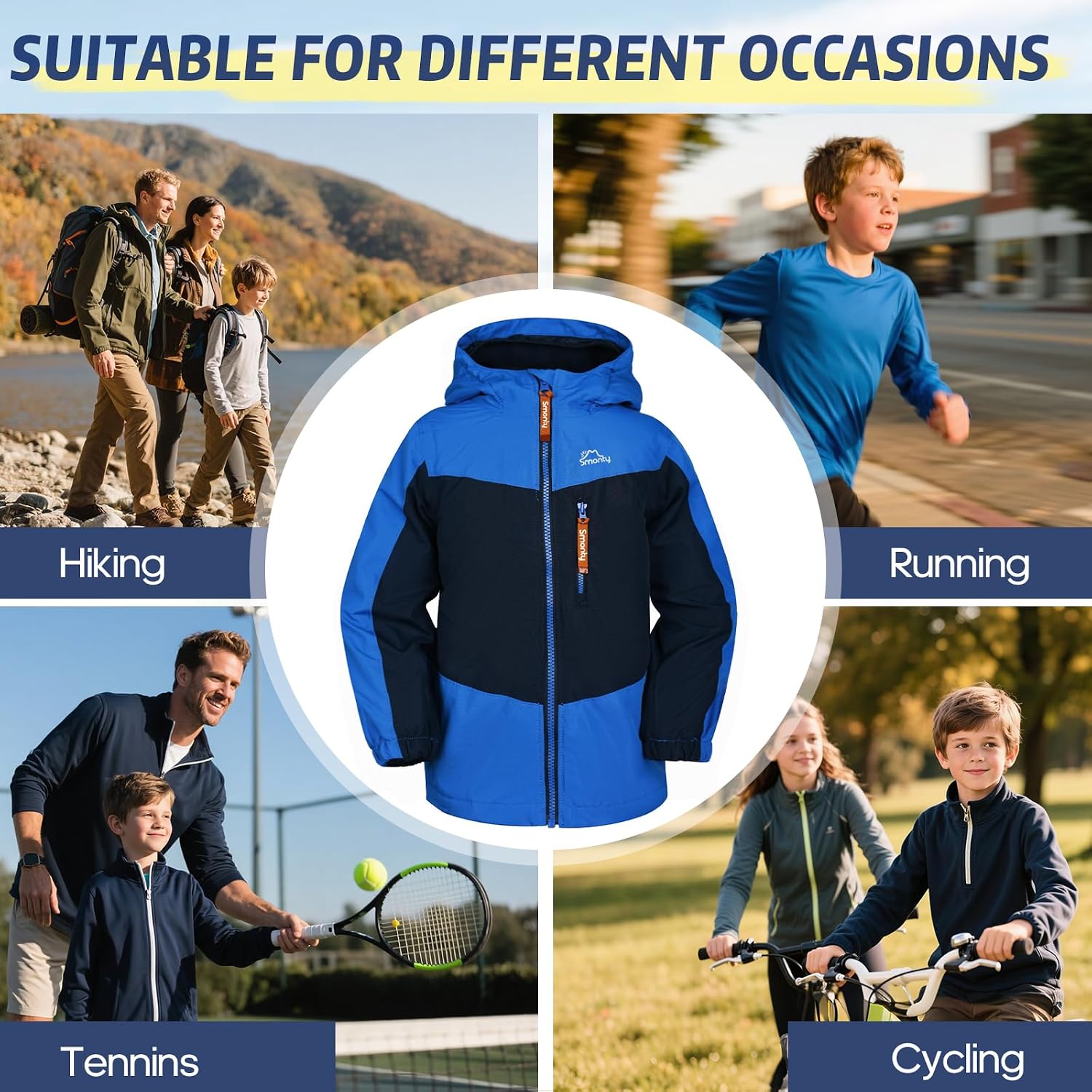 SMONTY Kids Fleece Lined Jacket, Waterproof Windproof Hooded Outdoor Coat for Boys and Girls, Lightweight Warm Jacket