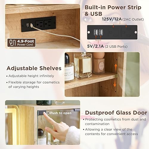 Miniatura 7 de T4TREAM 48" Fluted Makeup Vanity Desk with Large 36" Mirror and Lights, Modern Glass Top Big Vanity Table with 5 Drawers & Adjustable Shelves,