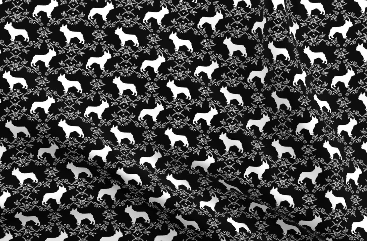 Spoonflower Fabric - French Bulldog Florals Silhouette Frenchie Dog Black Dogs Breed Printed on Organic Cotton Sateen Fabric by The Yard - Sewing Quilting Apparel Home Decor
