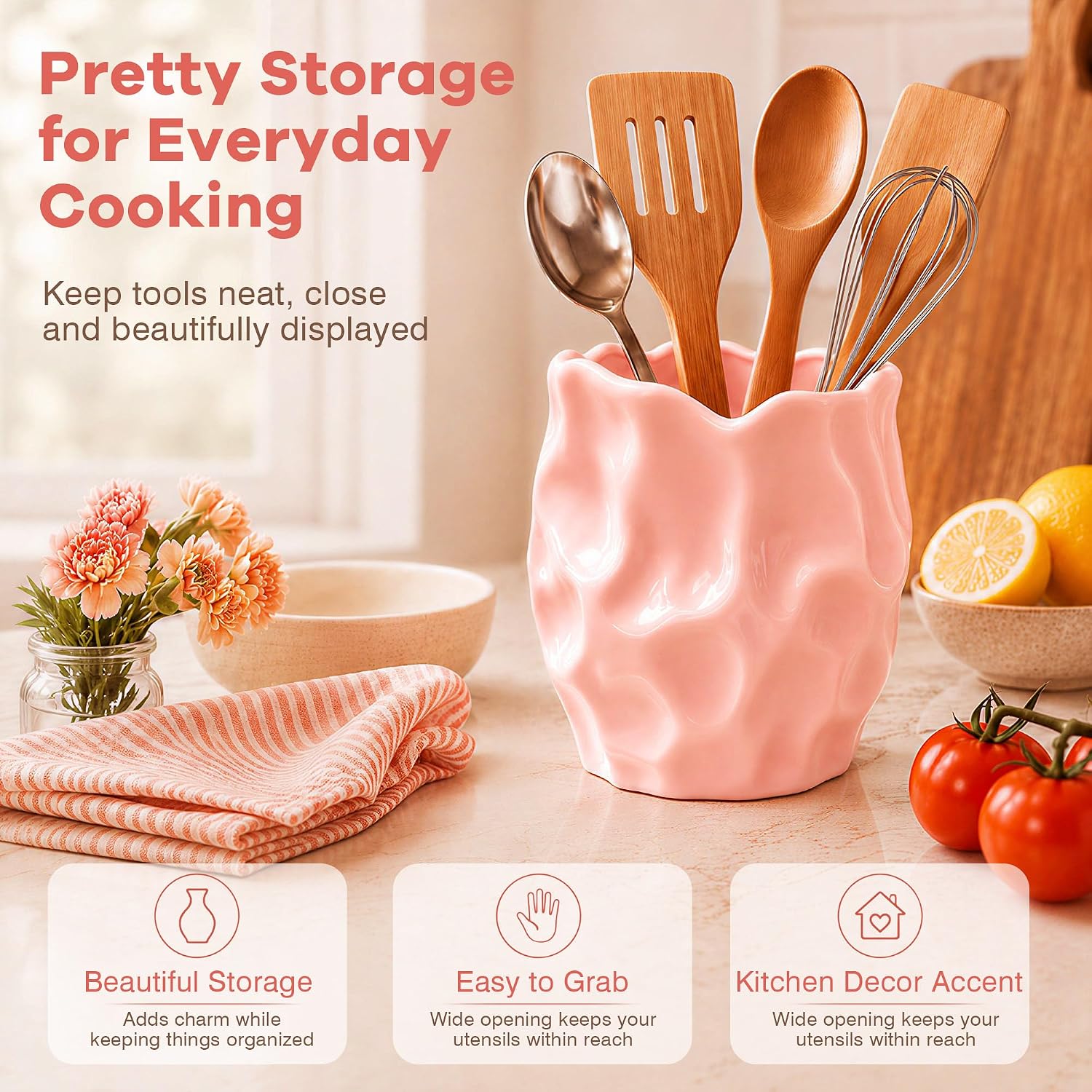 Pink Utensil Holder,Irregular Sculptural Design Kitchen Utensil Holder