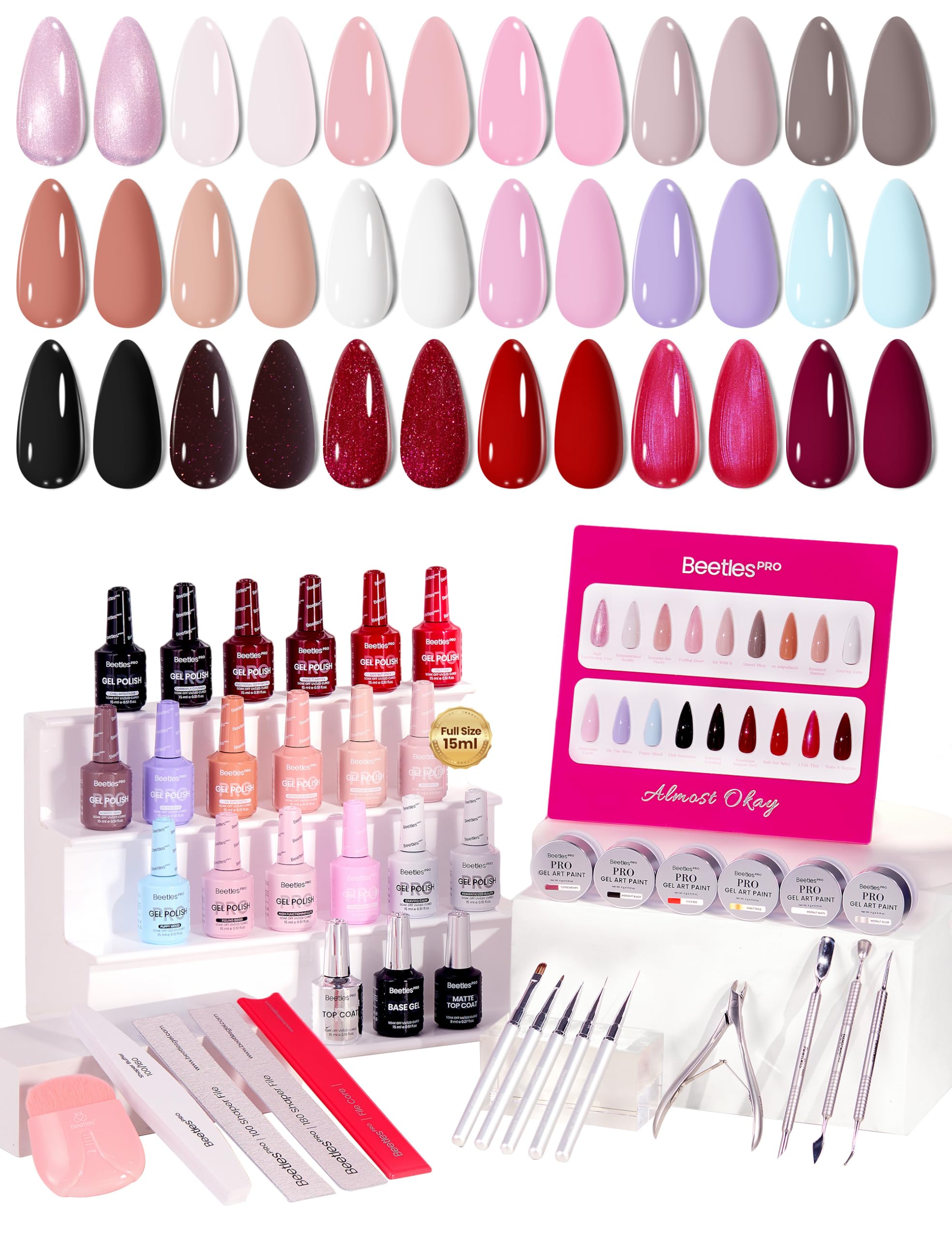 Beetles PRO Summer Gel Polish - Almost Okay Collection, 18 Colors 15ml Salon Polish Set with Base Coat, Glossy & Matte Top Coats, 6 Painting Gel for Nails Tools, UV Nail Lamp Cure Needed