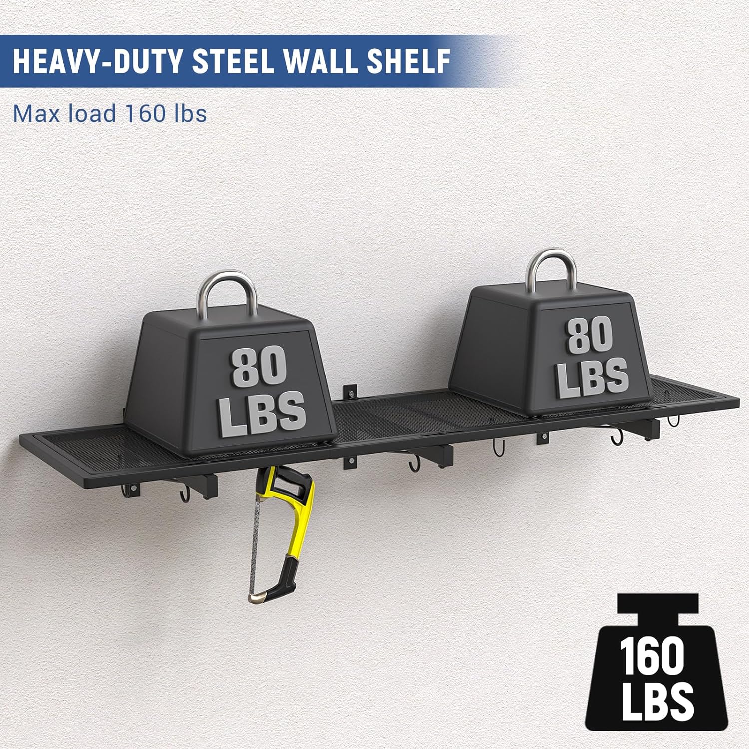 Garage Wall Shelf, Heavy Duty Garage Shelving, 46"X 12.5" Wall Mounted Shelves, Metal Floating Storage Rack with 4 Hooks, Utility Organizer Max Load 160 LBS for Laundry Room, Basement, Workshop