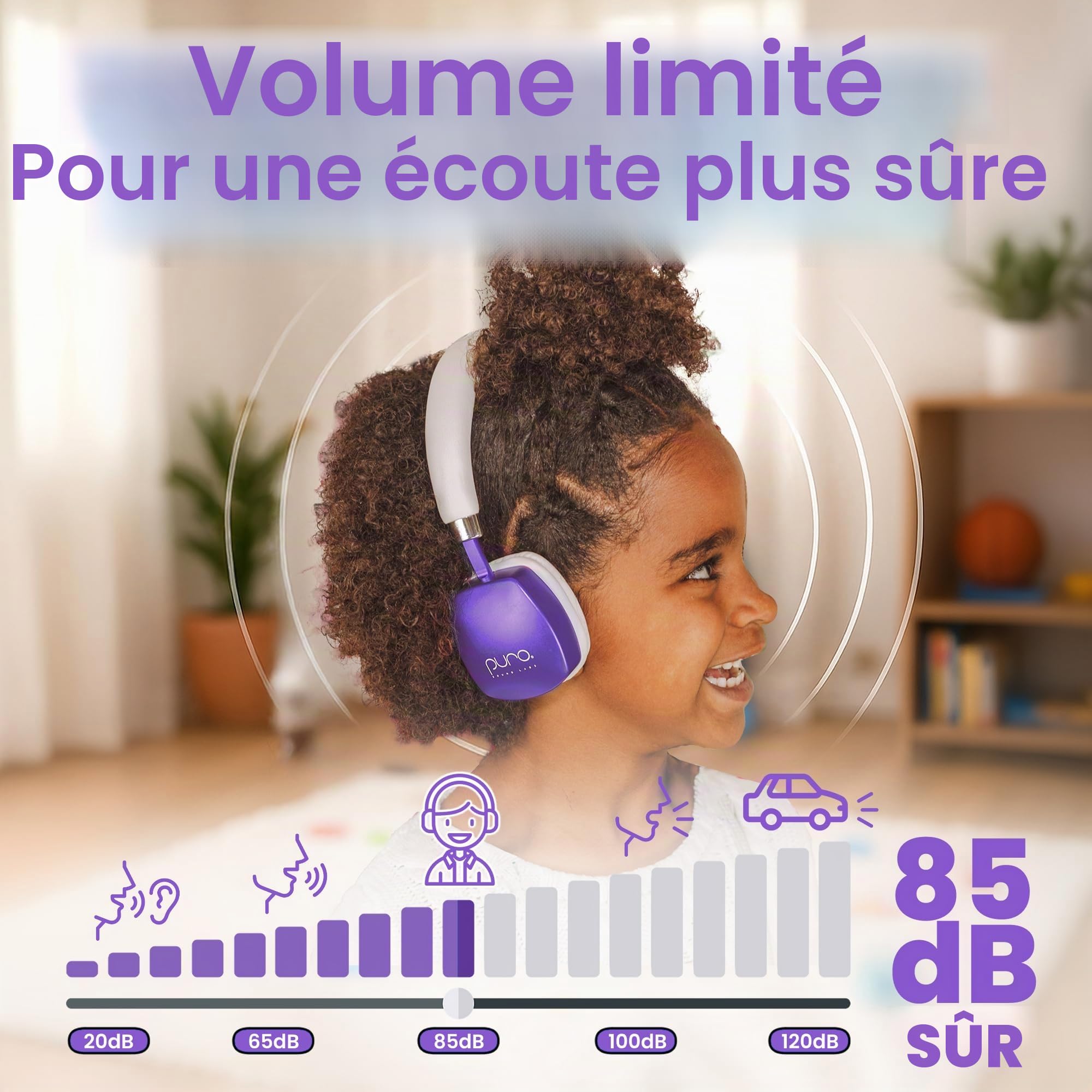 Puro Sound Labs PuroQuiet Plus Écouteurs Bluetooth avec Suppression du Bruit pour Enfants avec Microphone, Design léger dans l'oreille, Son de qualité Studio (Violet)