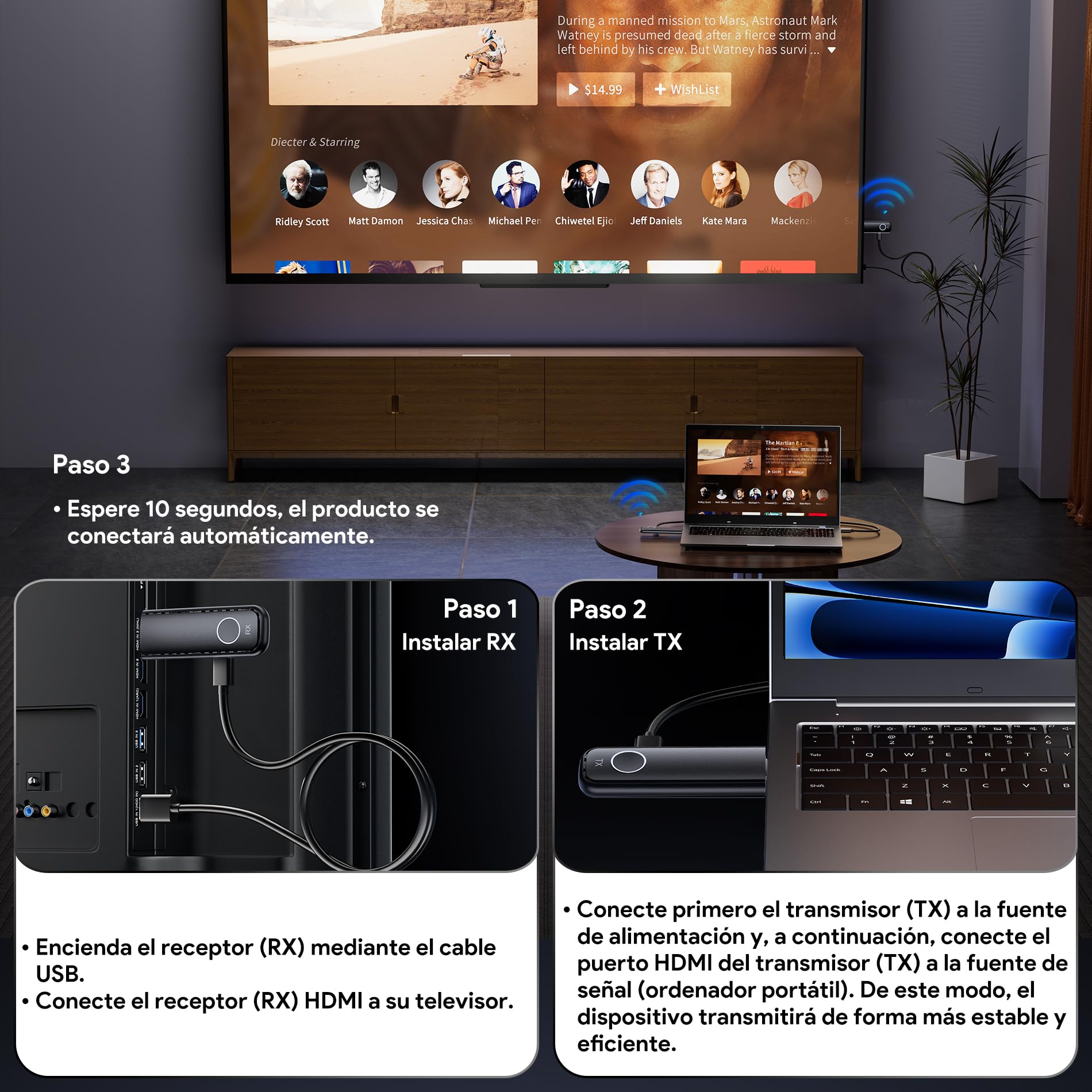 Aceele Transmisor y Receptor HDMI Inalámbrico, Decodificación 4K Salida 1080P, 2.4G/5.8G Extensor HDMI con 165FT de Alcance de Transmisión para PC/DV/HDTV/Proyector/TV Box, No Necesita App/Bluetooth