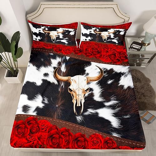 Manfei Sábana bajera ajustable de calavera de toro, tamaño matrimonial, funda de cama de flores de rosa roja con 2 fundas de almohada, juego de ropa