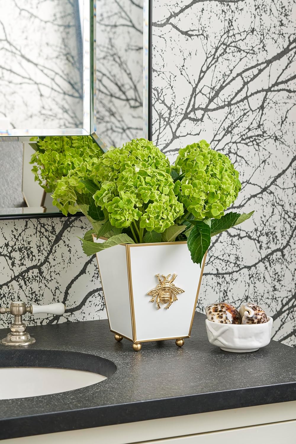 Jaye's Studio Regency Bee, Decorative White Square Cachepot & Planter, Gold Trim & Finish, Hand-Painted, Handcrafted Metal, Luxury Indoor, Size 6x6x8