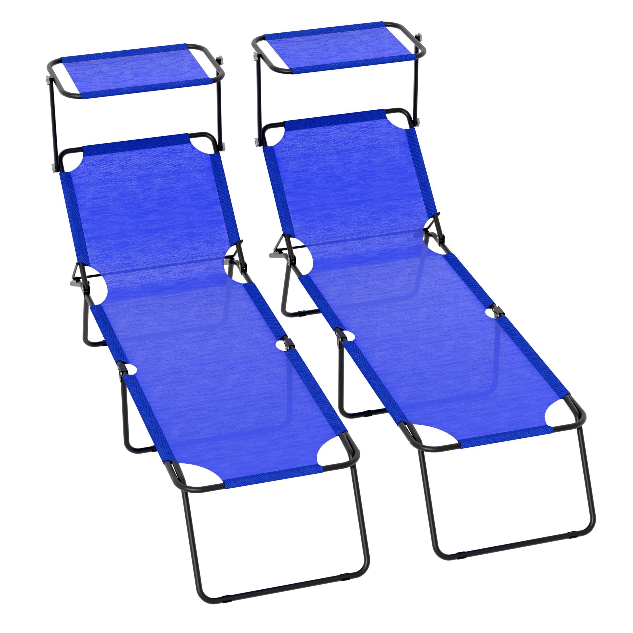 Coppia Di Lettini Pieghevoli Con Tettuccio Regolabile Prendisole Parasole Schienale Reclinabile Regolabile Struttura Metallo Nero Sedia Sdraio Spiaggia Mare Giardino Piscina 187 x 53 x 24 Cm (Blu)