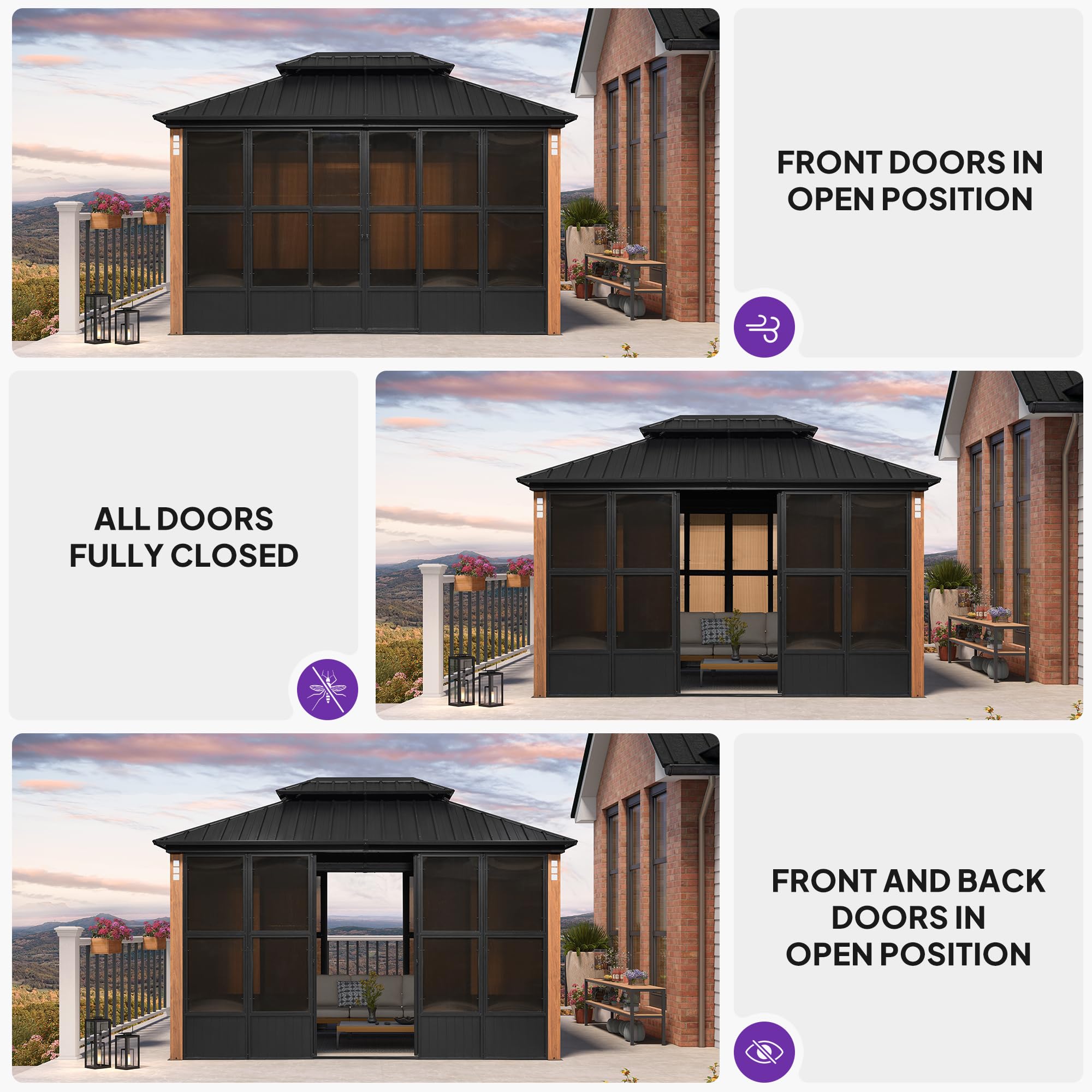 PURPLE LEAF 12' X 14' Patio Hardtop Gazebo Double Top Outdoor Screen Aluminum Solarium Backyard with Detachable Windows: 10' X 13' Sunroom
