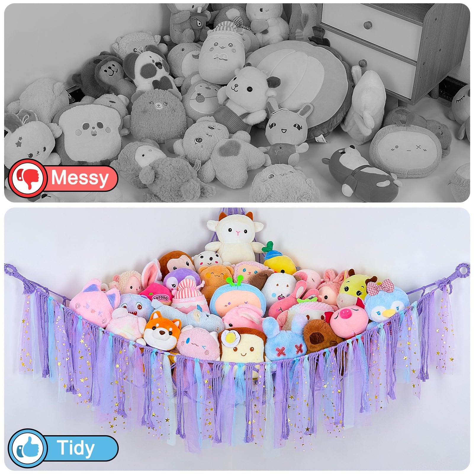 Hamac Jouets En Peluche Filet Macramé Avec LED - Rangement Déco Pour Chambre Enfant 100x100cm