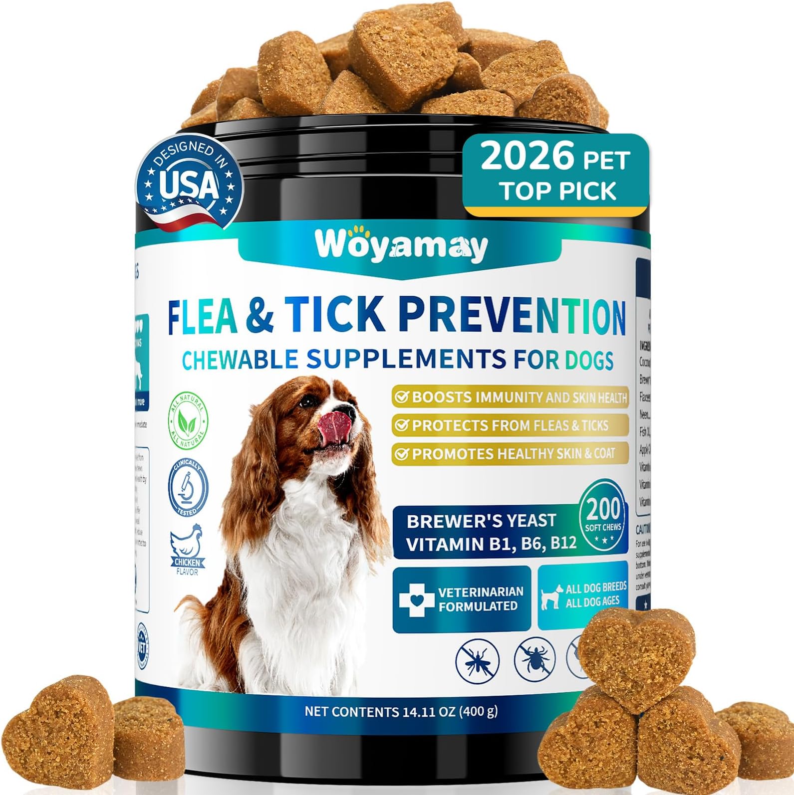 Woyamay Flea and Tick Prevention for Dogs Chewables, 200 Soft Treats, Natural Dog Flea and Tick Treatment, Oral Flea Chews for Dogs Supplement, Flea and Tick Chews for Dogs Puppies, All Breeds & Sizes