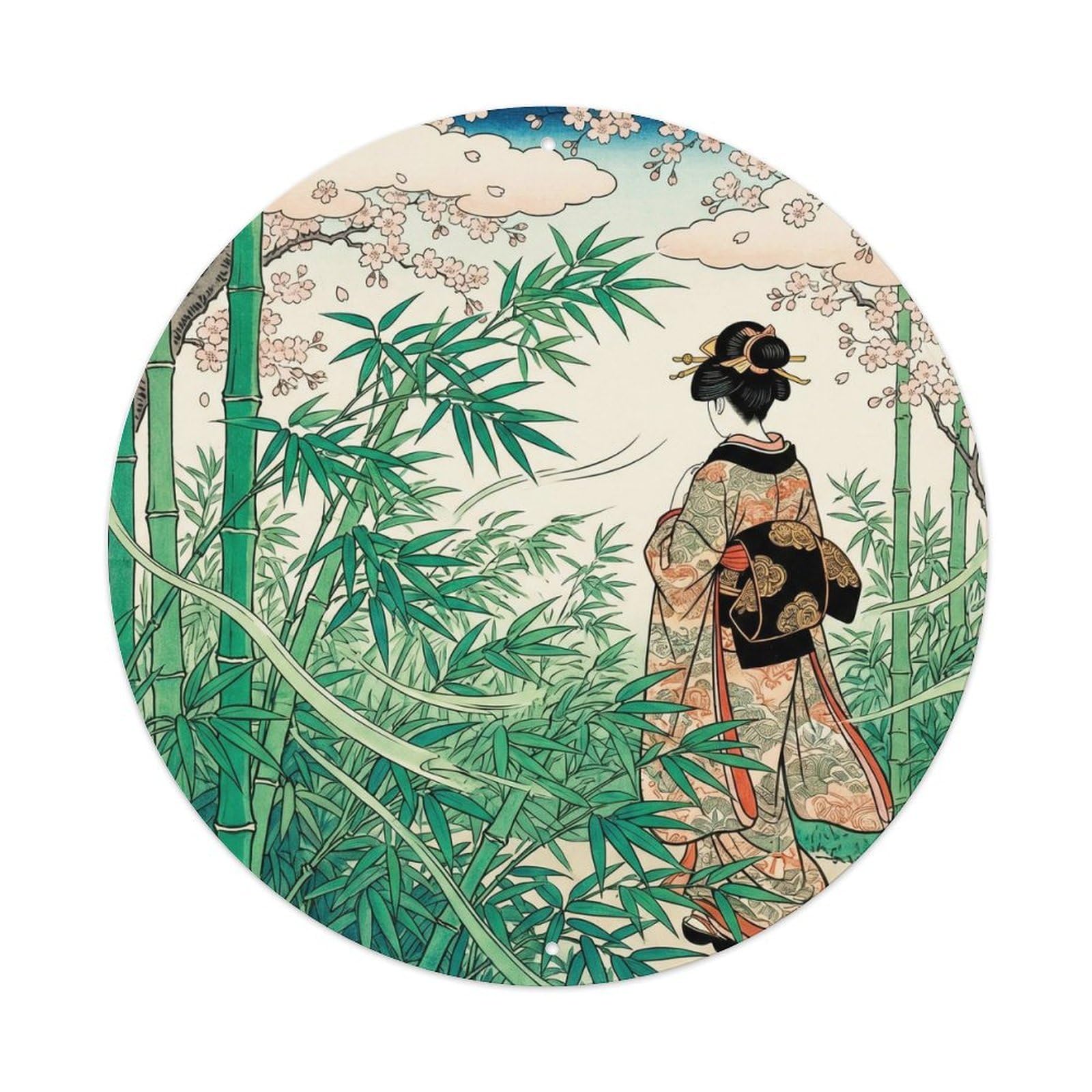 Galvaxio Style Japanese Kimono Woman Observing Bamboo Leaves Swaying Metal Tin Sign