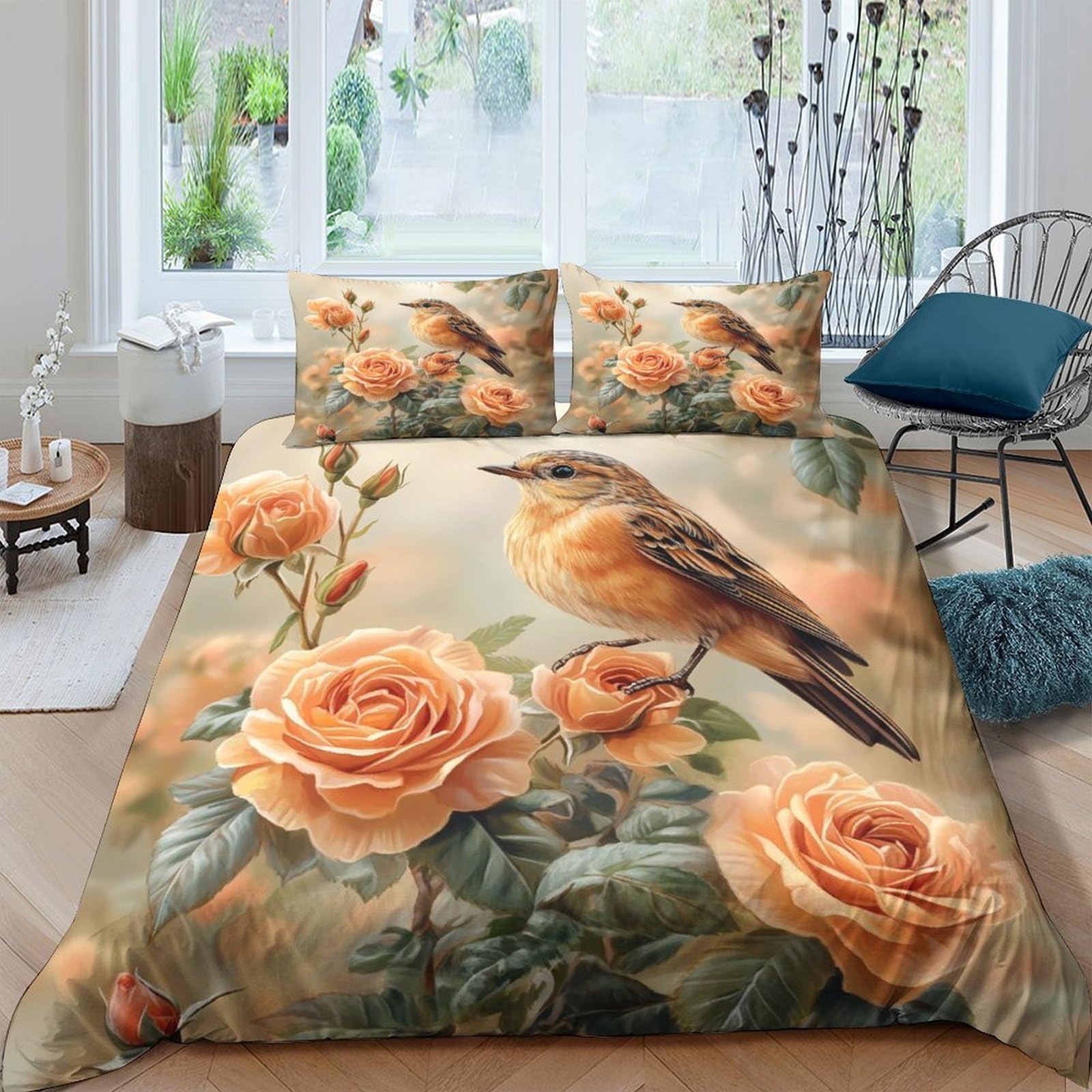 Housse de Couette Hypoallergique Super Douce Motif Oiseau Rose Parure Lit King Confort Absolu