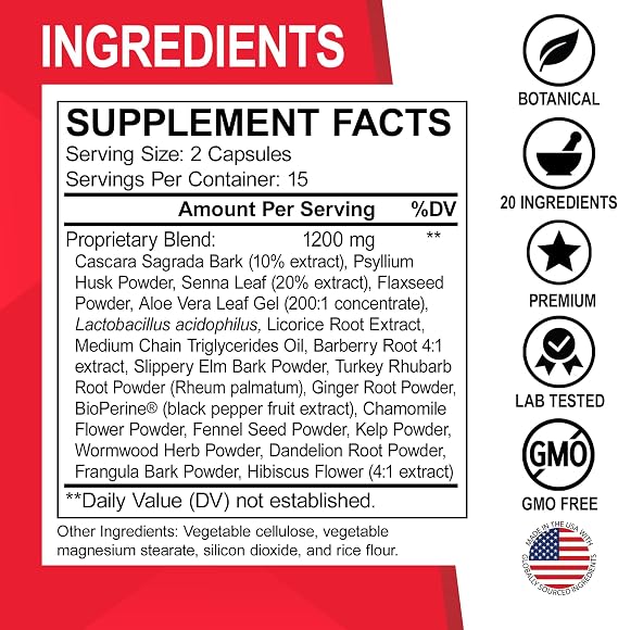 Colon Cleanser Detox Supplement Capsules - 15 Day Colon Cleanse Pills & Probiotic Herbal Cleansing - Daily Natural Bowel Movement Supplements for Intestinal Stomach Bloating Digestive Gut Support