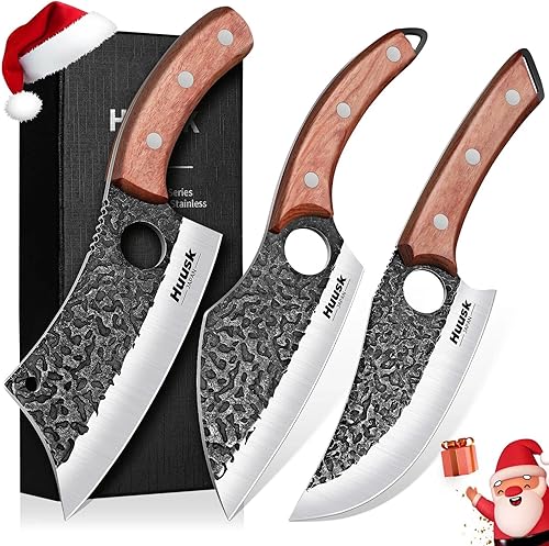 Huusk Juego de 3 cuchillos de carnicero japoneses para cortar carne, juegos de cuchillos vikingos forjados a mano con cuchillo de carne, juegos de