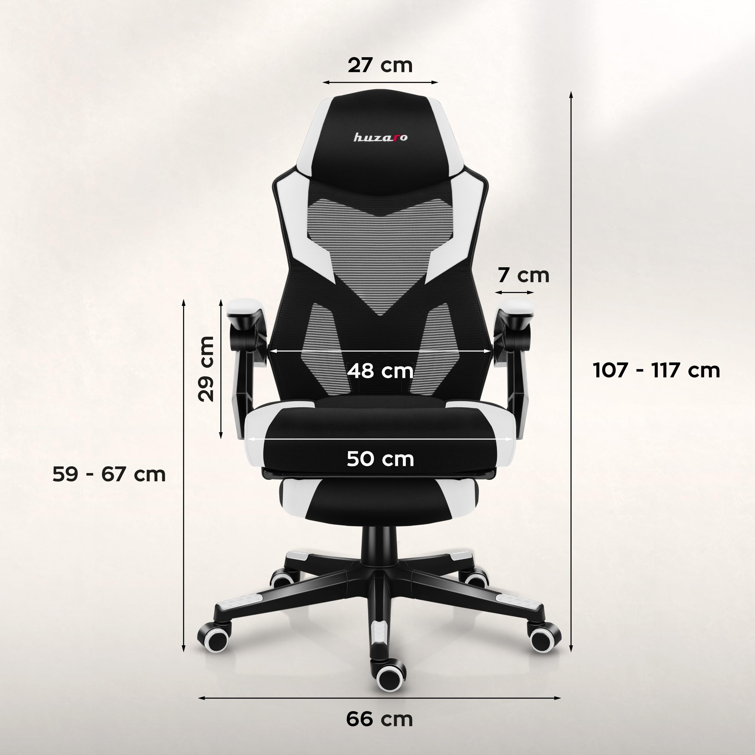 huzaro Combat 3.1 krzesło biurowe dla graczy, ergonomiczne krzesło z podnóżkiem, regulowane oparcie 135°, oddychająca siatka, obciążenie do 150 kg, ciche kółka, kolor biały
