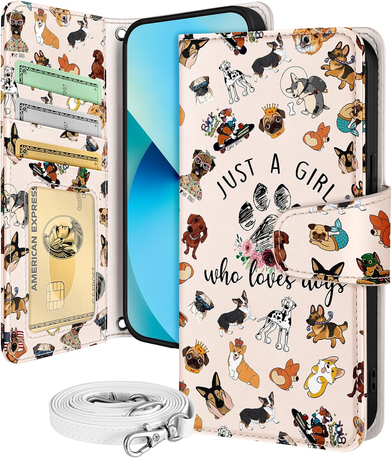 buleens for iphone 13 wallet case for women - with card holder for iphone 13 flip case leather crossbody cute aesthetic i phone 13 case with strap kickstand for girls girly, little puppy little puppy for iphone 13